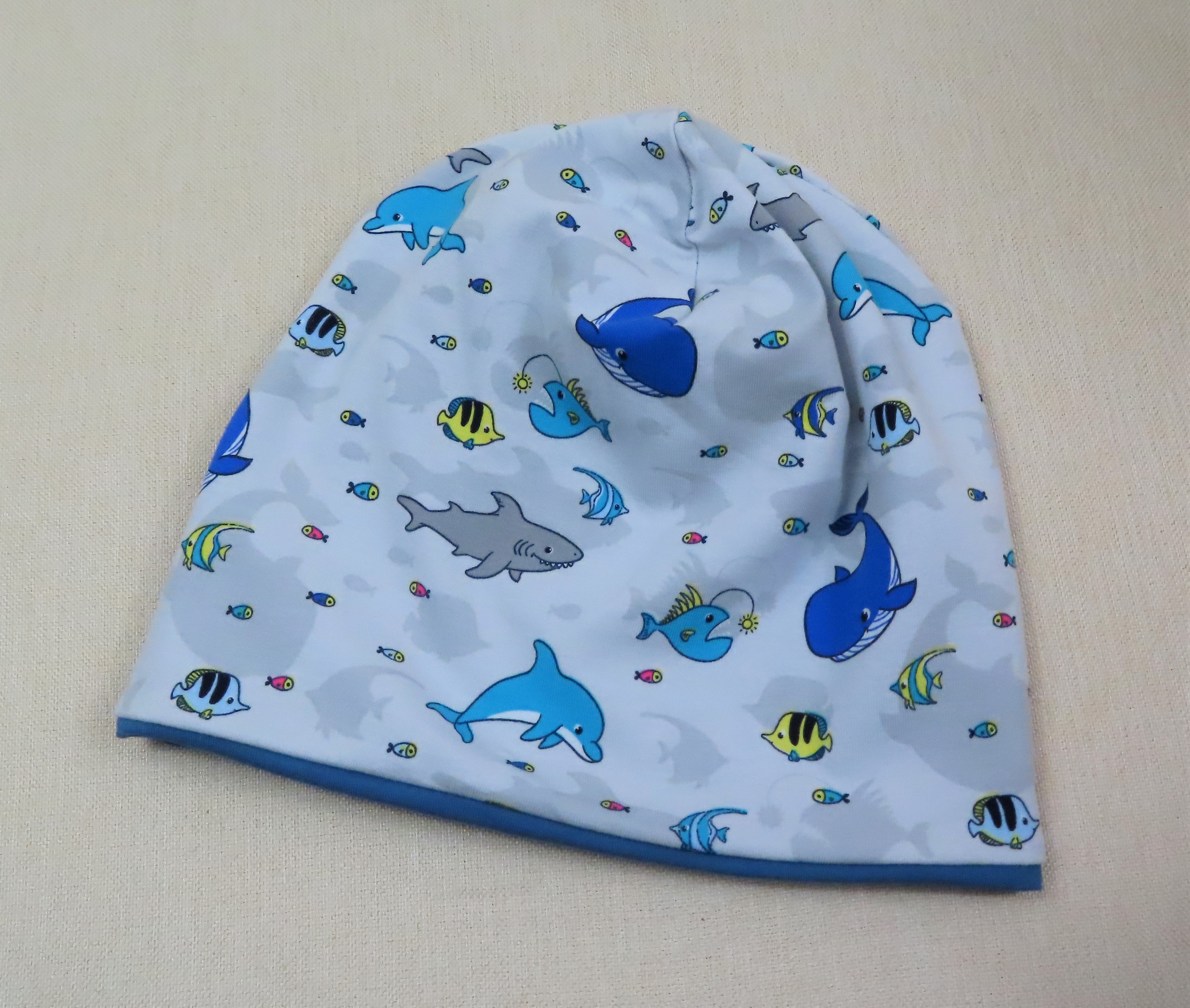 Beanie Mütze, Fische, blau