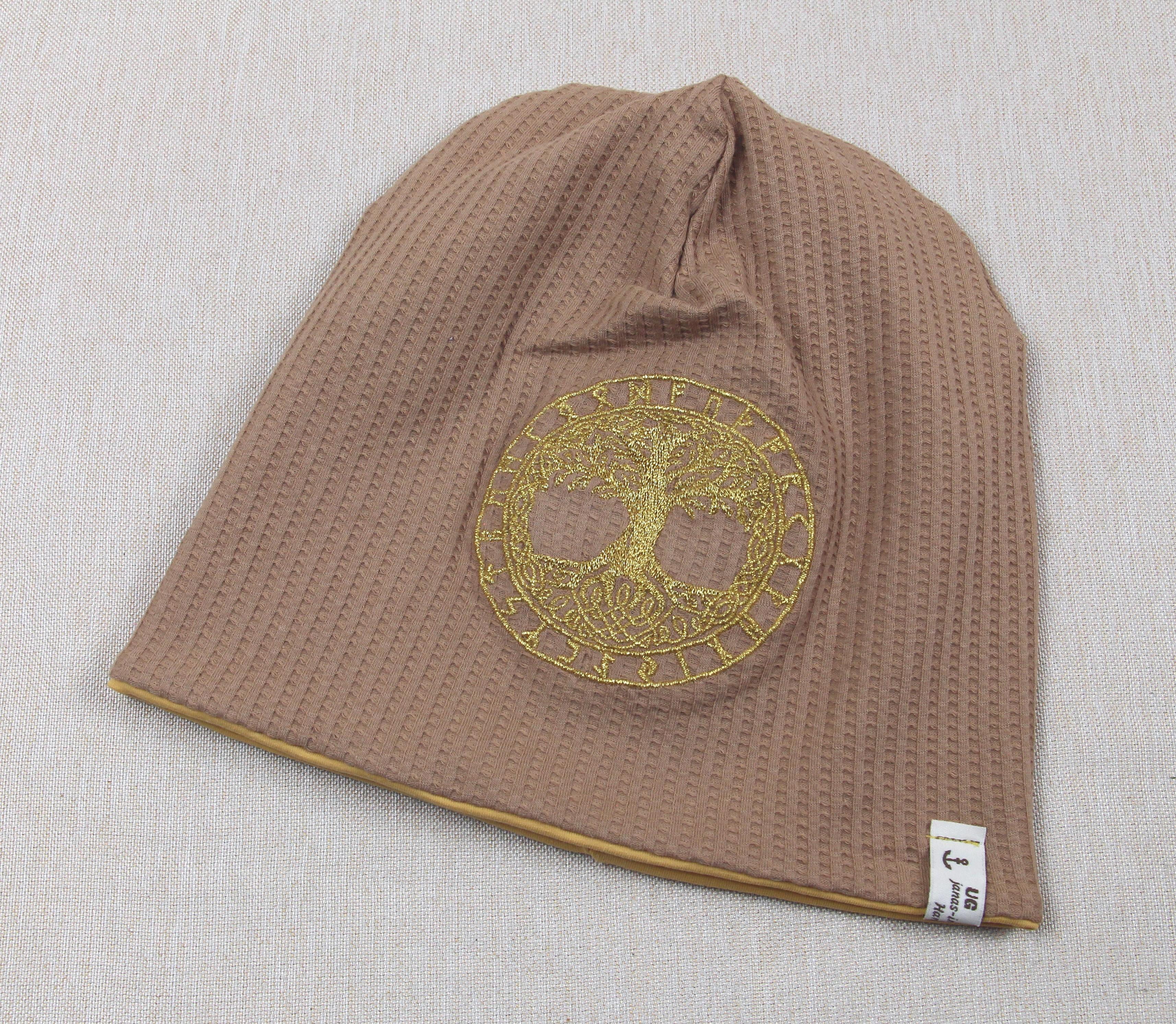 Beanie, Mütze, Chemomütze, Yggdrasil, dunkelbeige mit Gold und eigener Stickerei