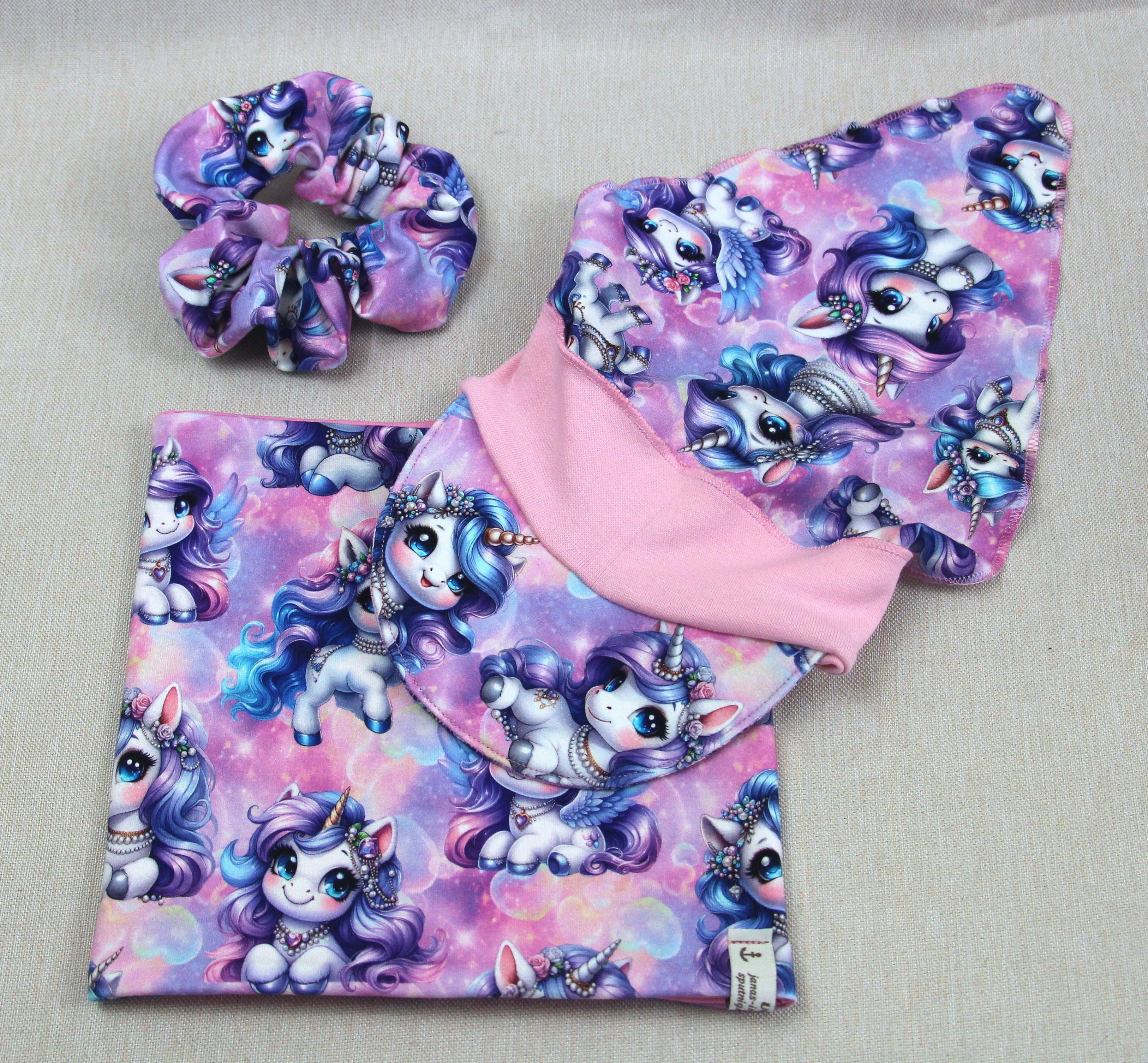 Kopftuch mit Sonnenschutz, süße Einhörner, wahlweise Loopschal und Scrunchie