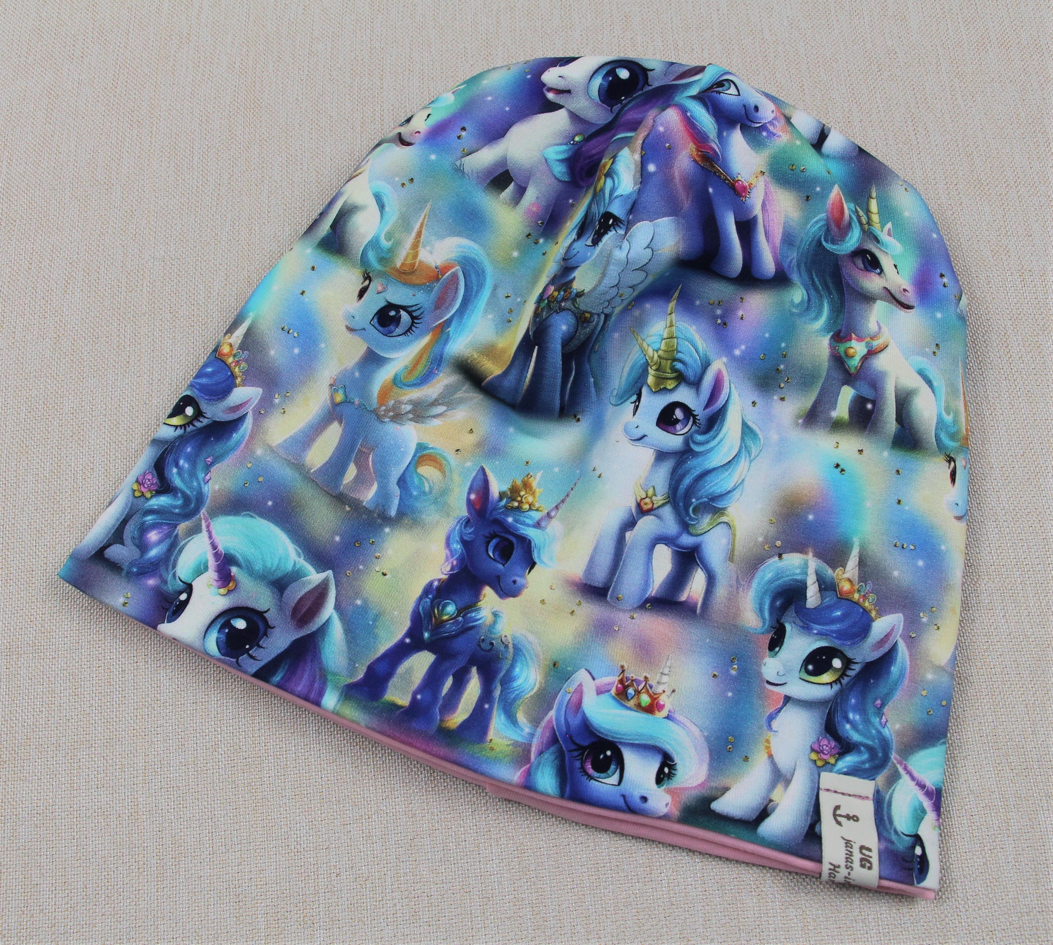 Beanie, Mütze, Einhorn hellblau-rosa