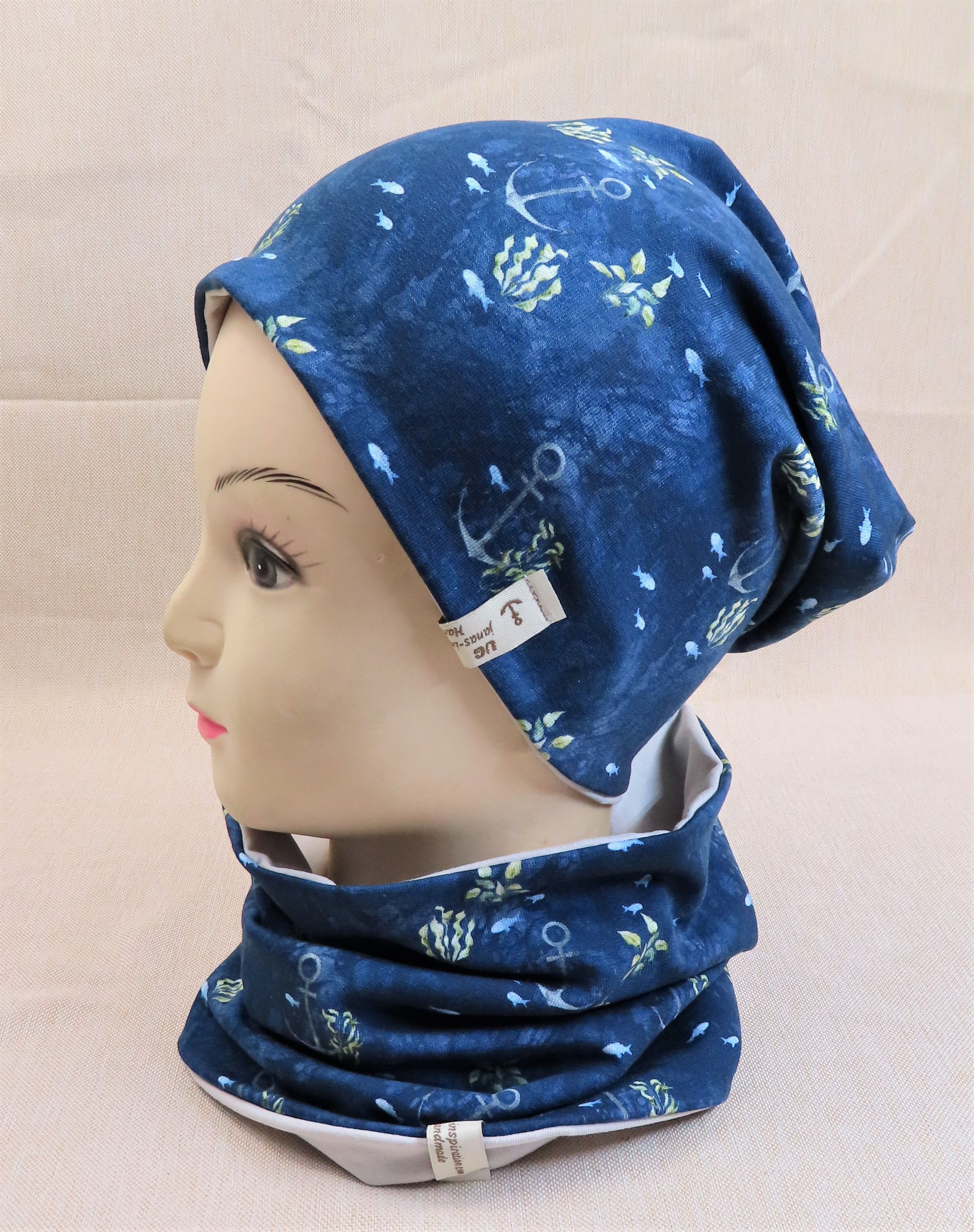 Beanie-Set, Anker mit Fischen und Algen, maritim
