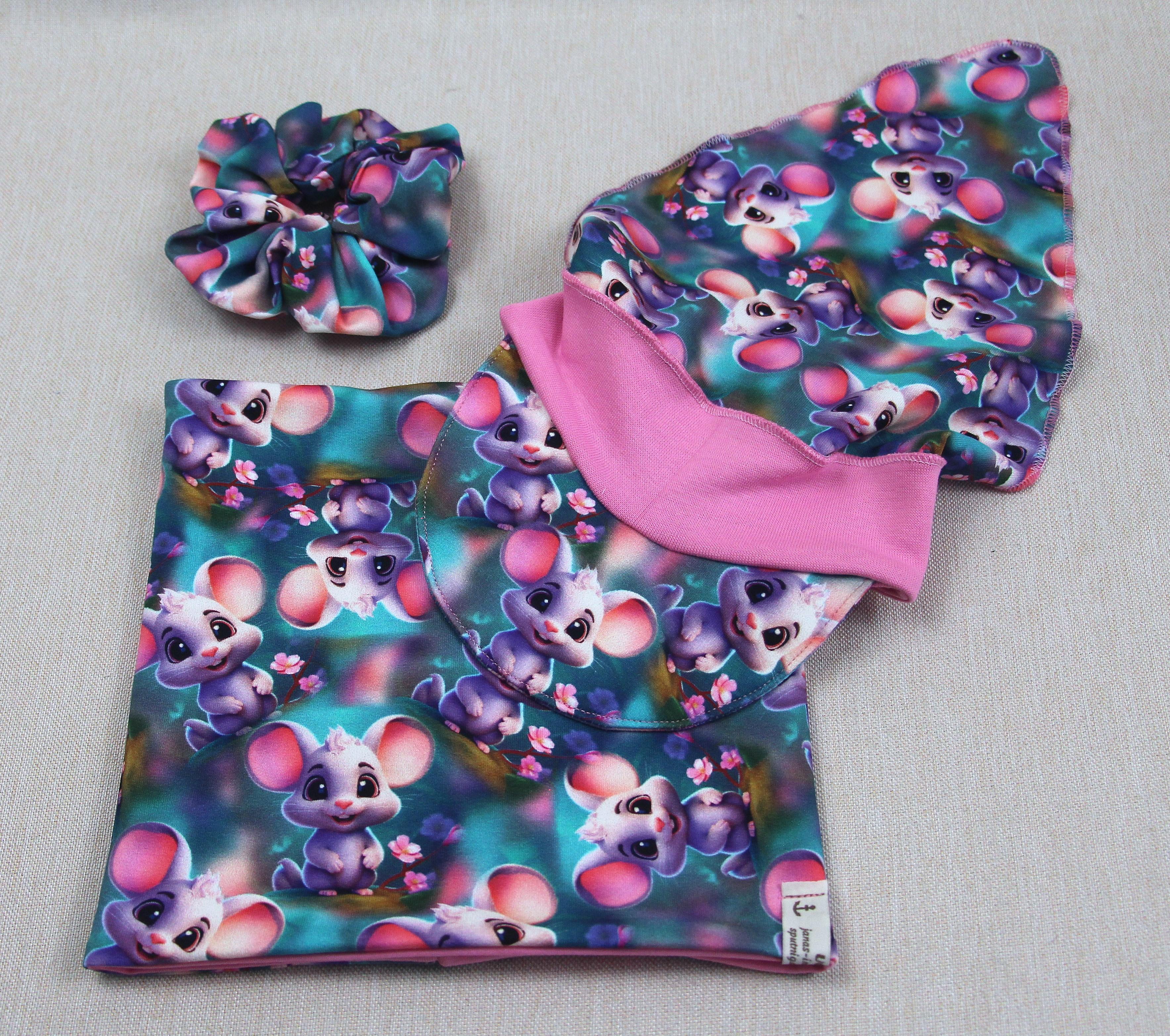 Kopftuch mit Sonnenschutz, süße Mäuse, wahlweise mit Loopschal und Scrunchie