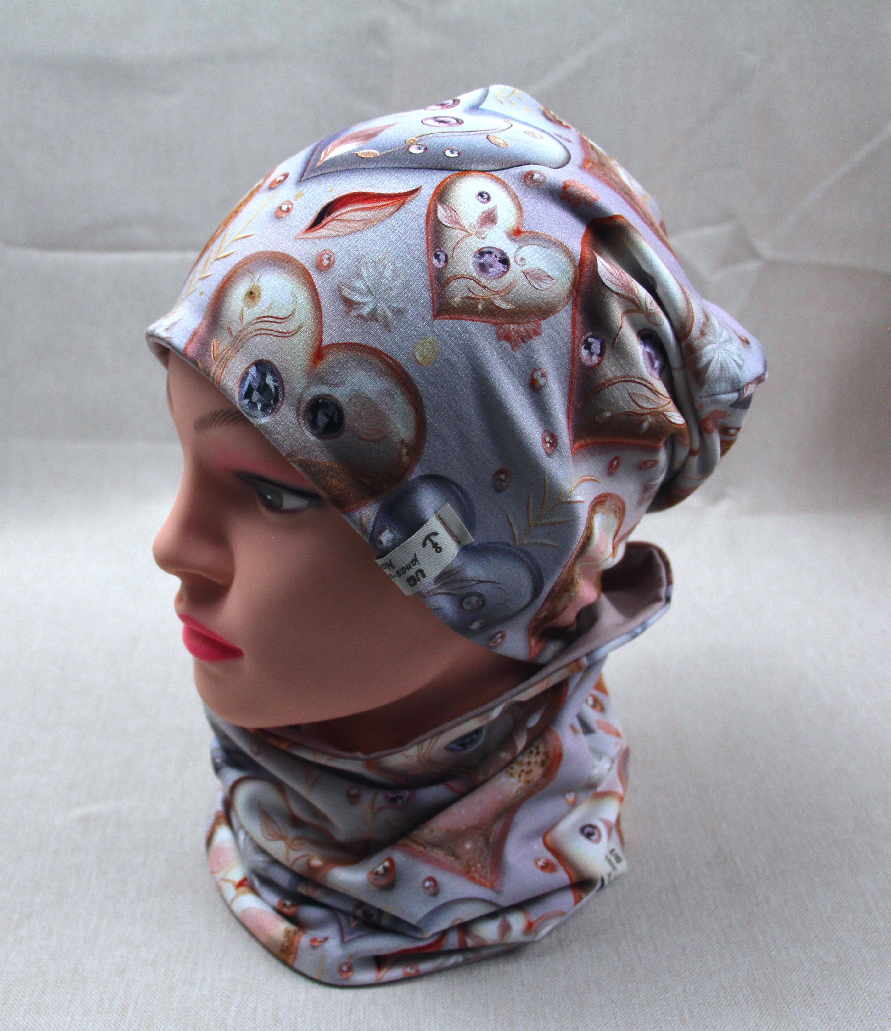 Beanie-Set, Herzen mit Perlen