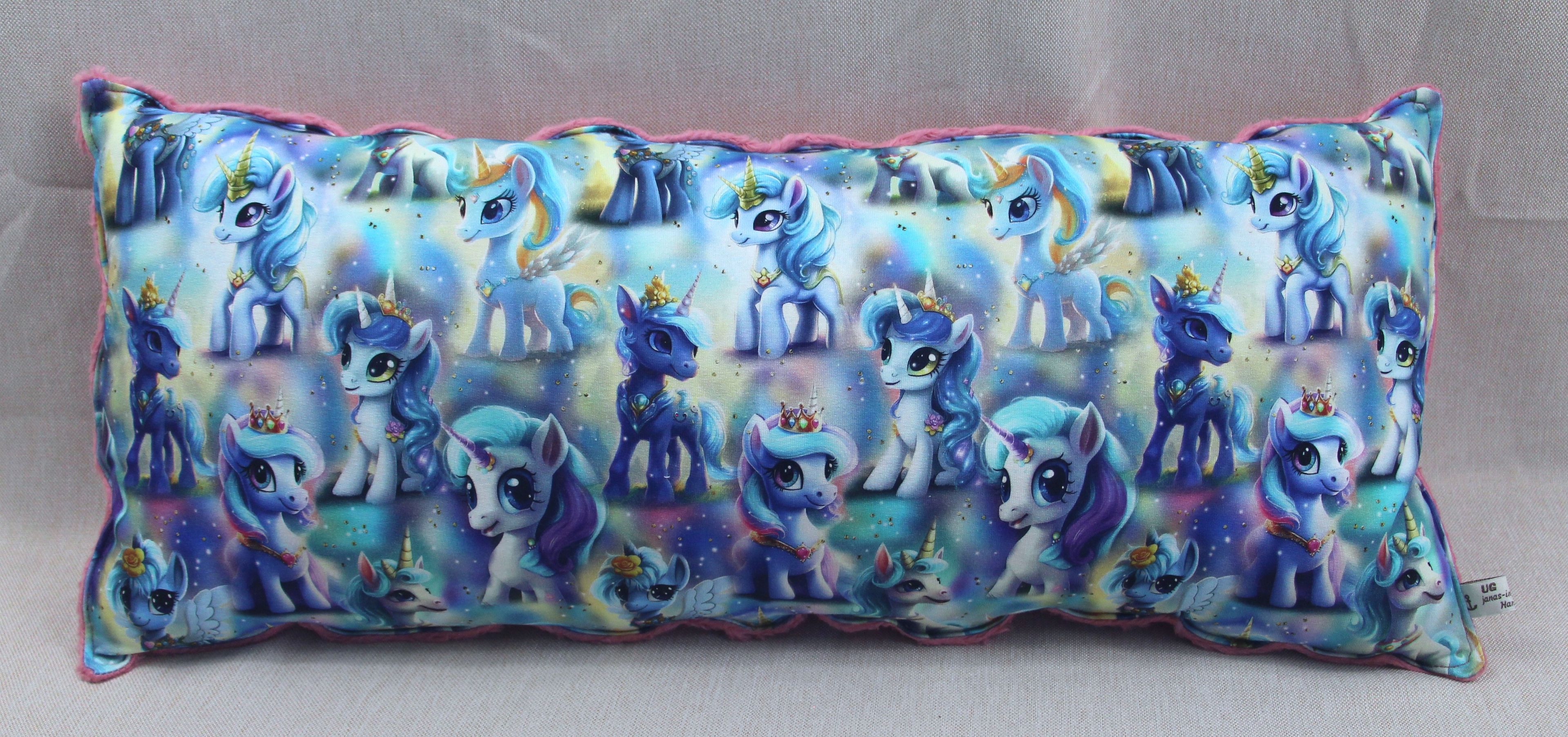Kuschelkissen, blaues Einhorn, altrosa, 60x30cm