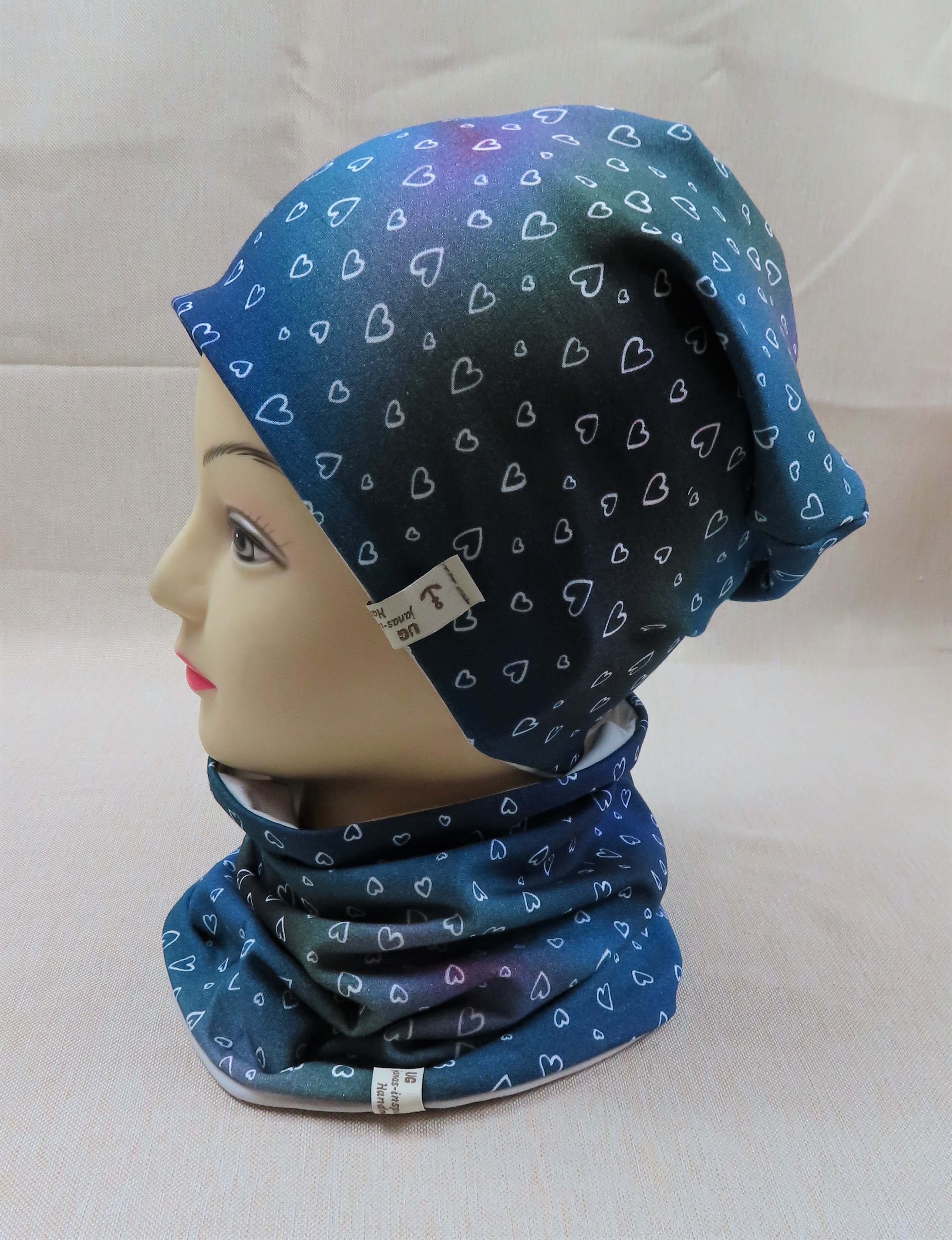 Beanie-Set, Herzen, blau-lila