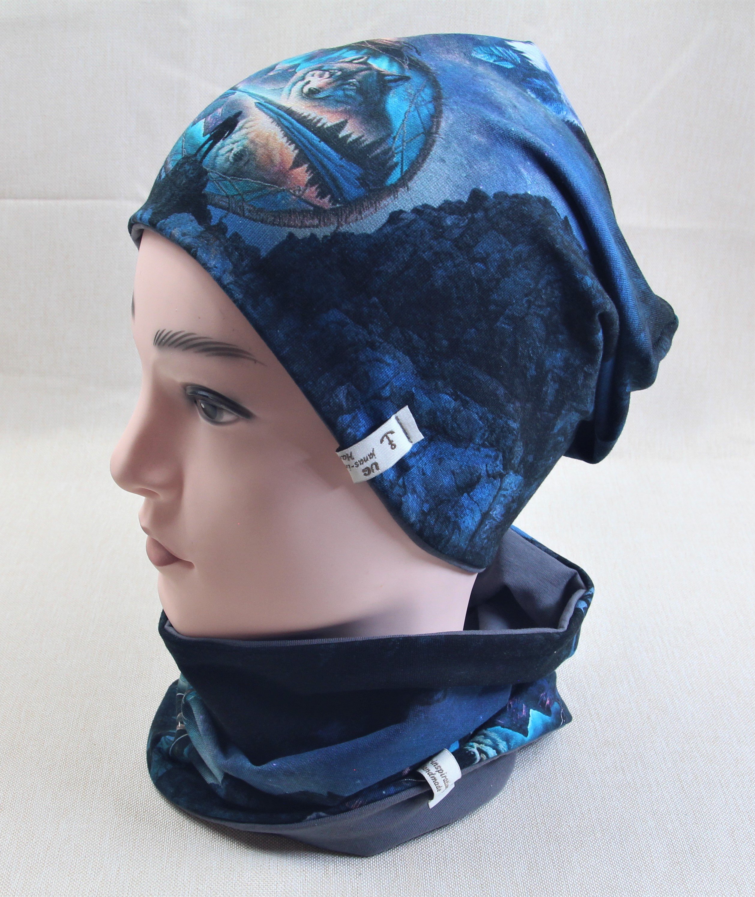 Beanie-Set, Chemomütze, Wolf im Traumfänger