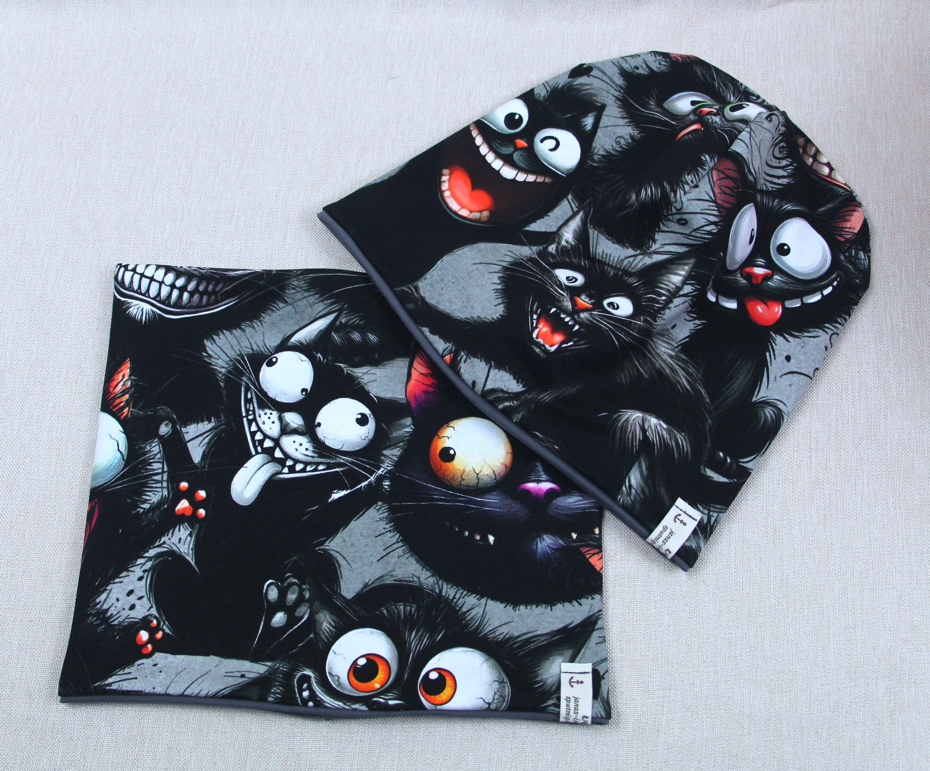 Beanie-Set, Chemomütze, verdrehte Katzen