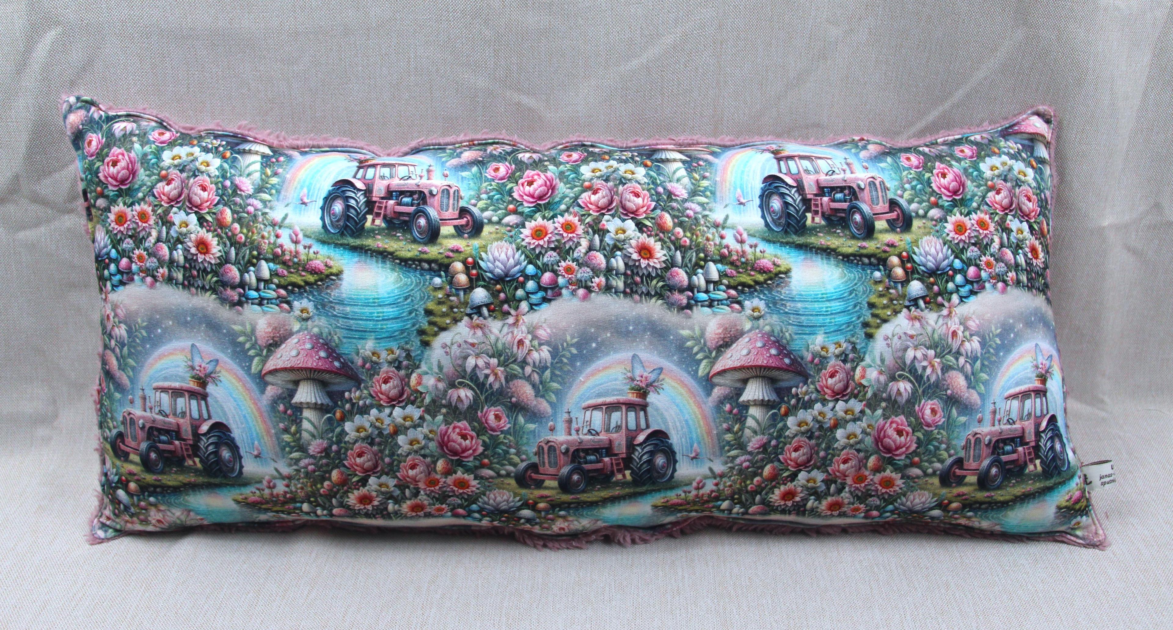 Kuschelkissen, rosa Traktor im Regenbogen, altrosa, 60x30cm