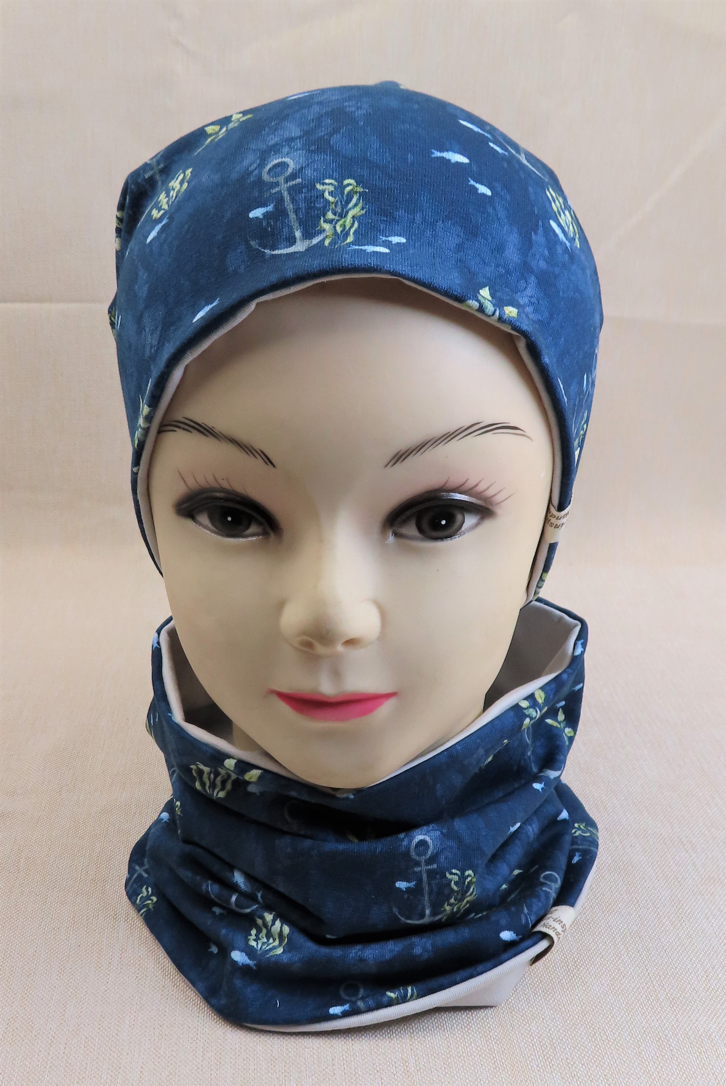 Beanie-Set, Anker mit Fischen und Algen, maritim