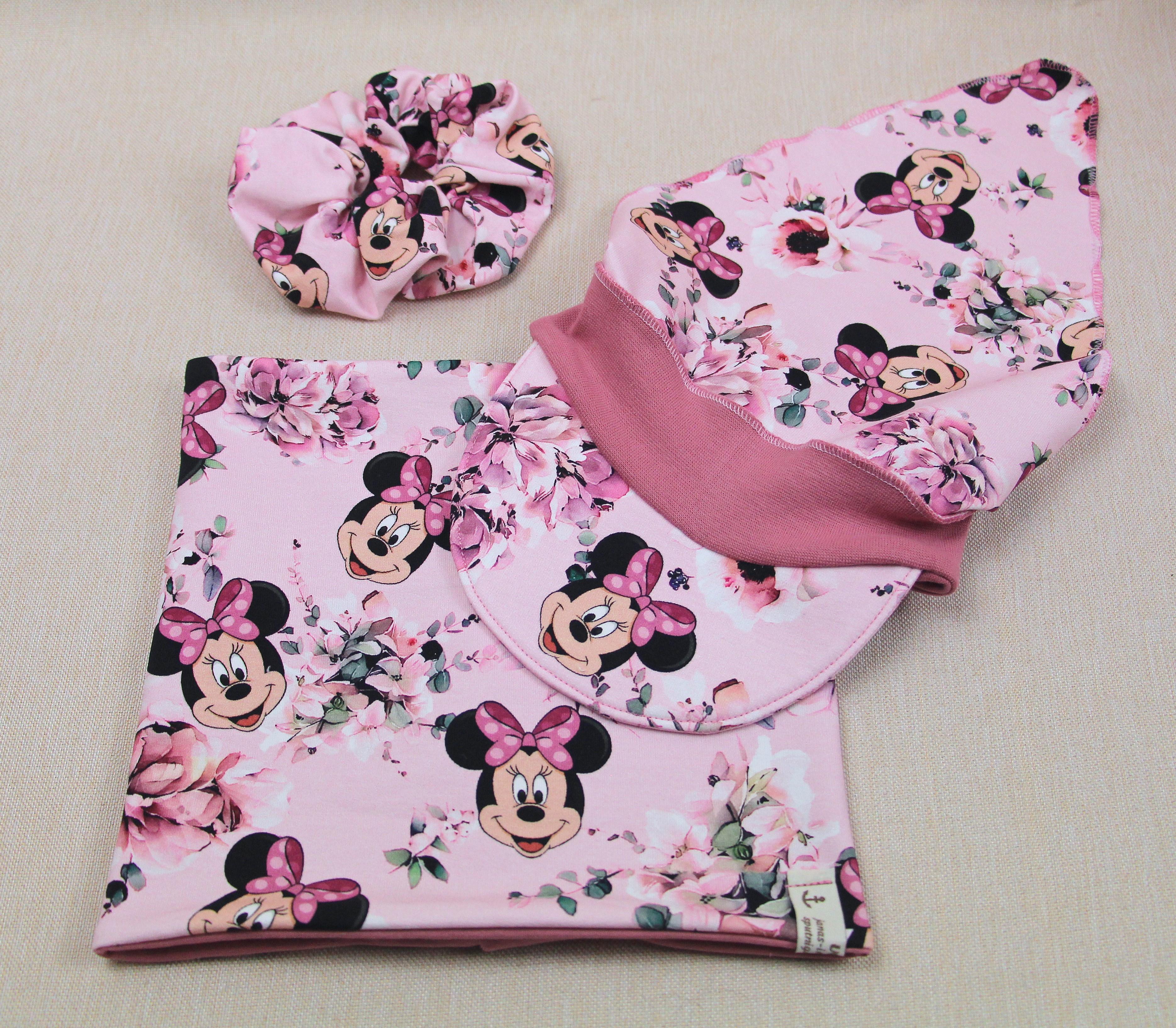 Kopftuch mit Sonnenschutz, Maus mit rosa Schleife, wahlweise mit Loopschal und Scrunchie