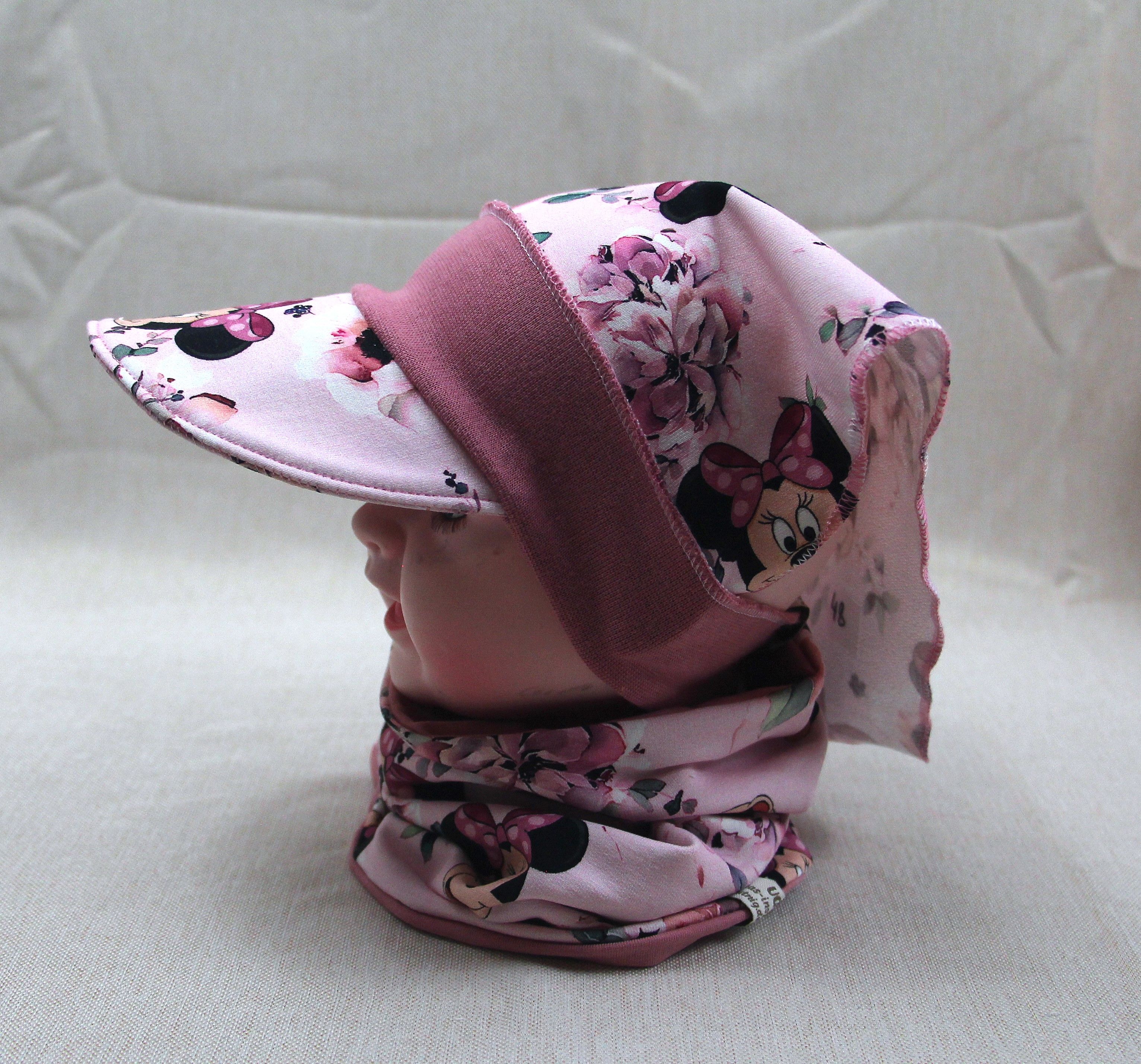 Kopftuch mit Sonnenschutz, Maus mit rosa Schleife, wahlweise mit Loopschal und Scrunchie