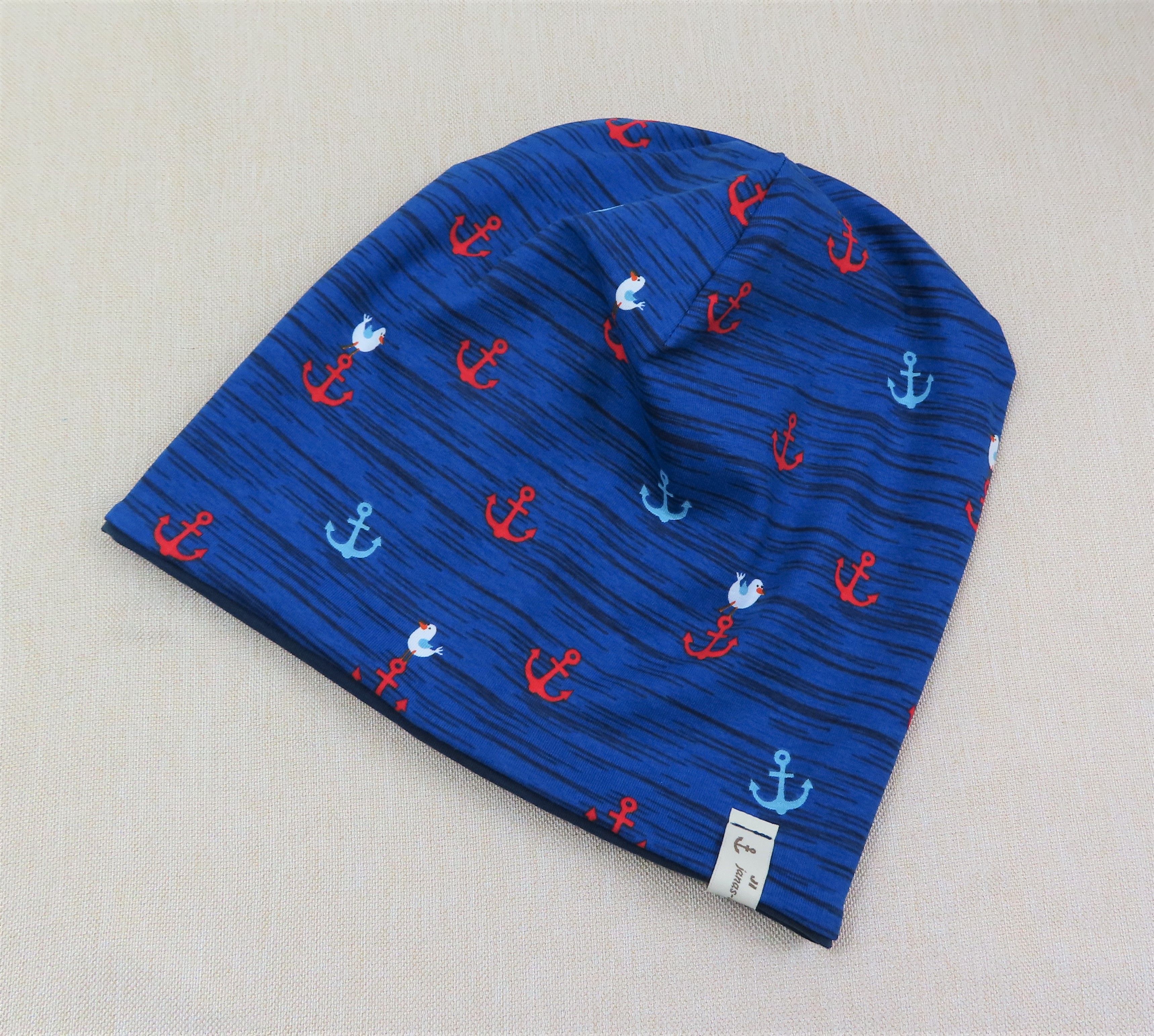 Beanie, Mütze, Chemomütze, Anker blau mit Möwe