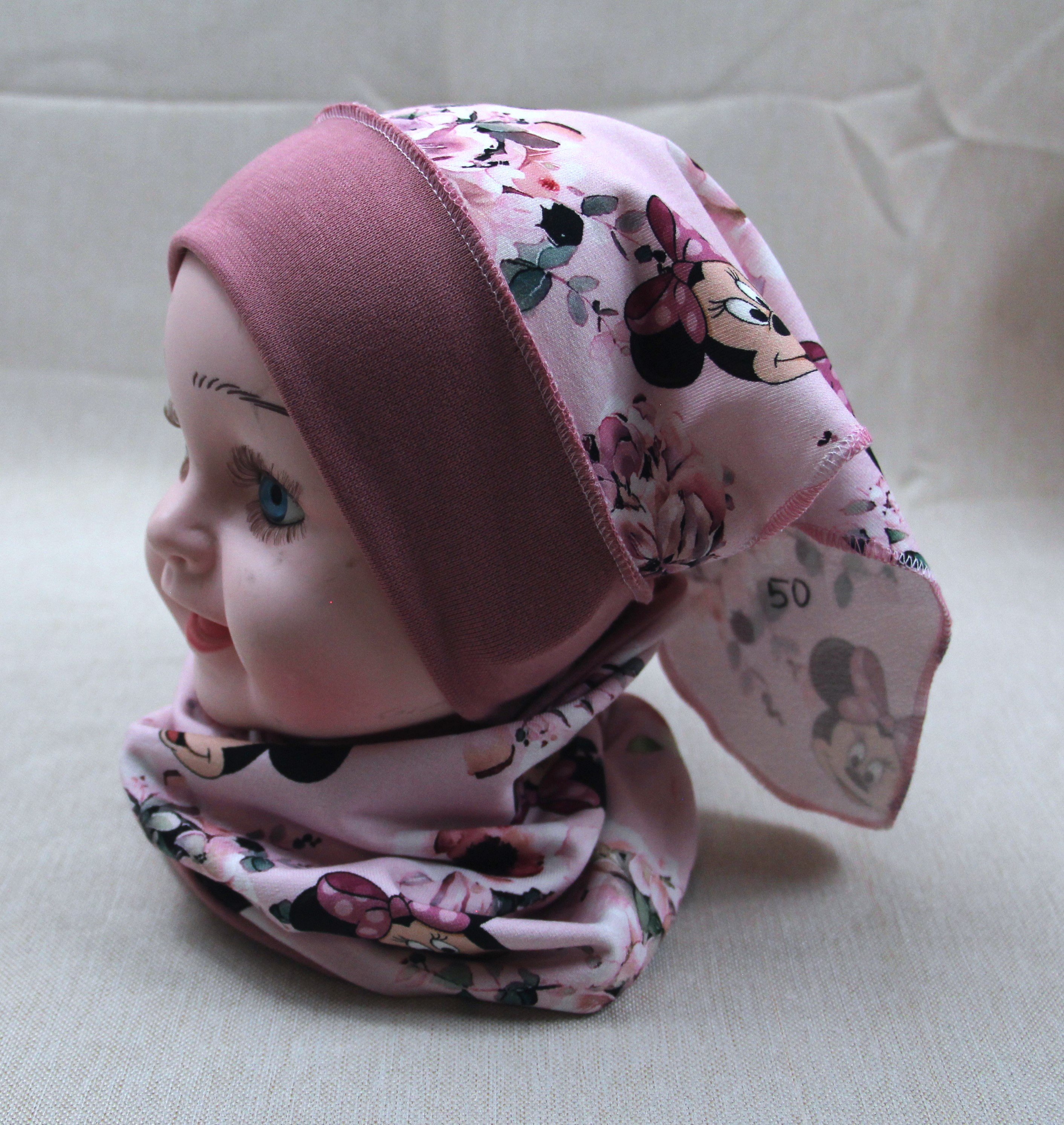 Kopftuch, Maus mit rosa Schleife, wahlweise mit Loopschal und Scrunchie