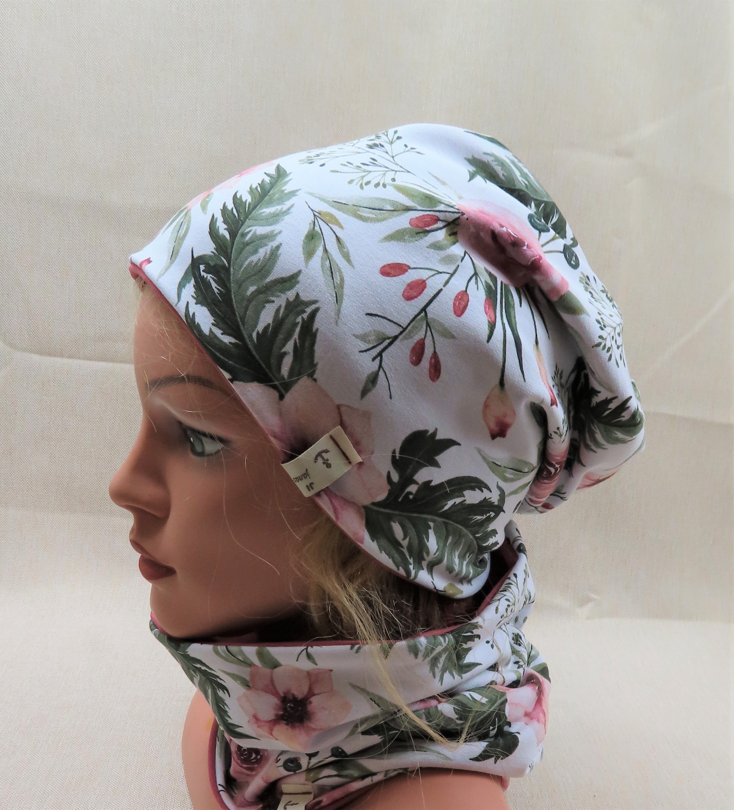 Beanie-Set, Chemomütze, Blumen rosa