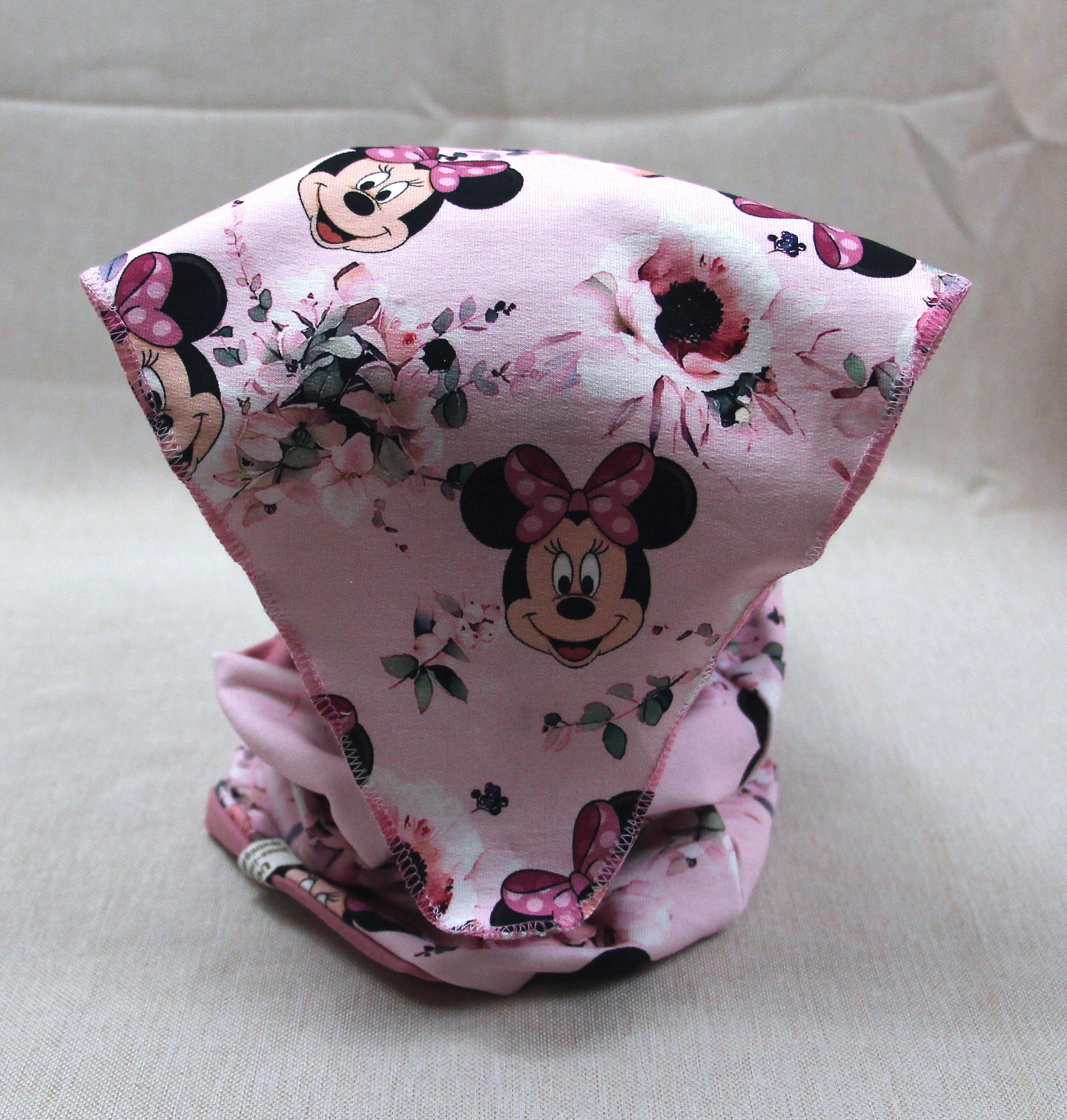 Kopftuch mit Sonnenschutz, Maus mit rosa Schleife, wahlweise mit Loopschal und Scrunchie