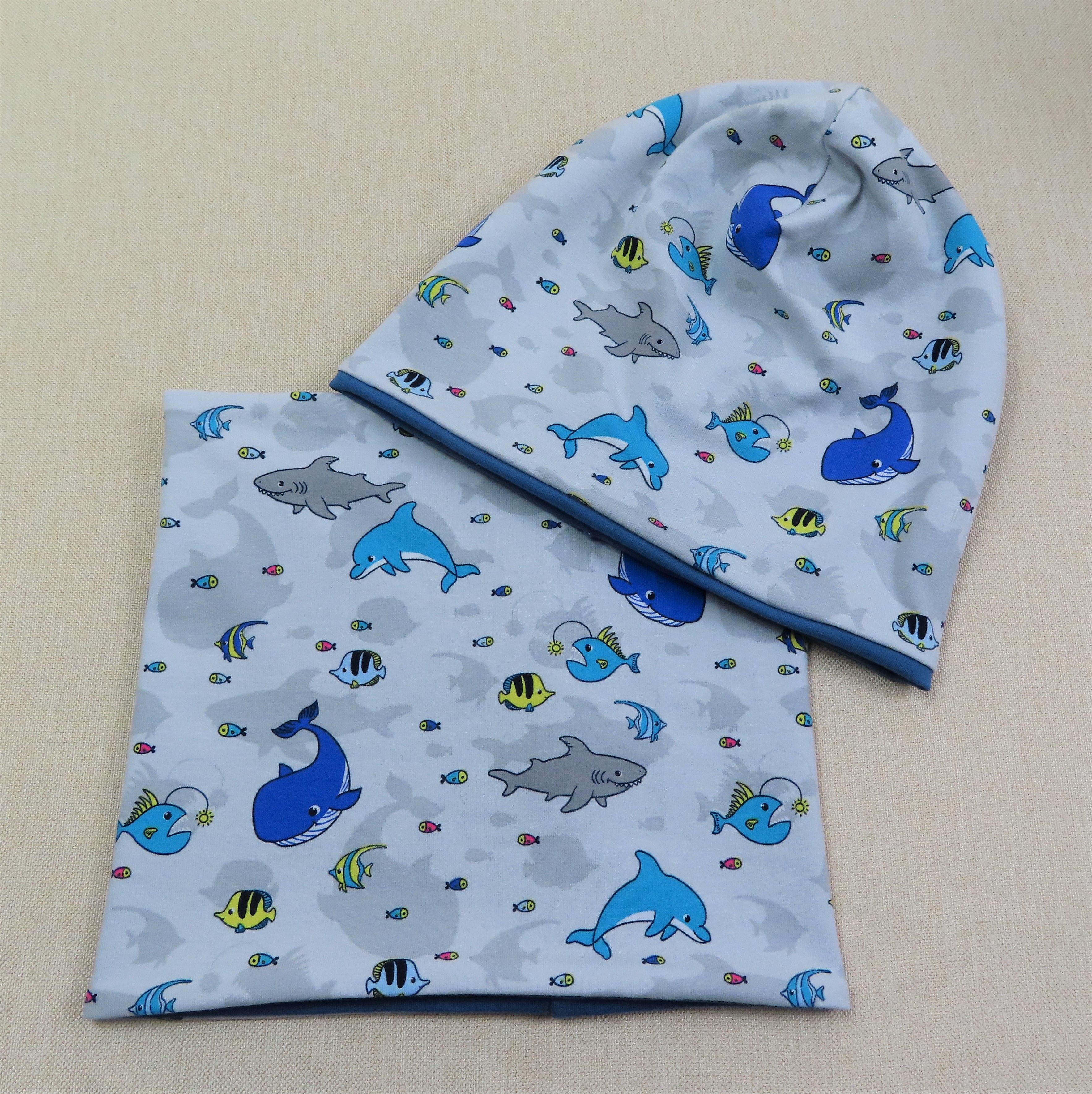 Beanie-Set, Fische, blau