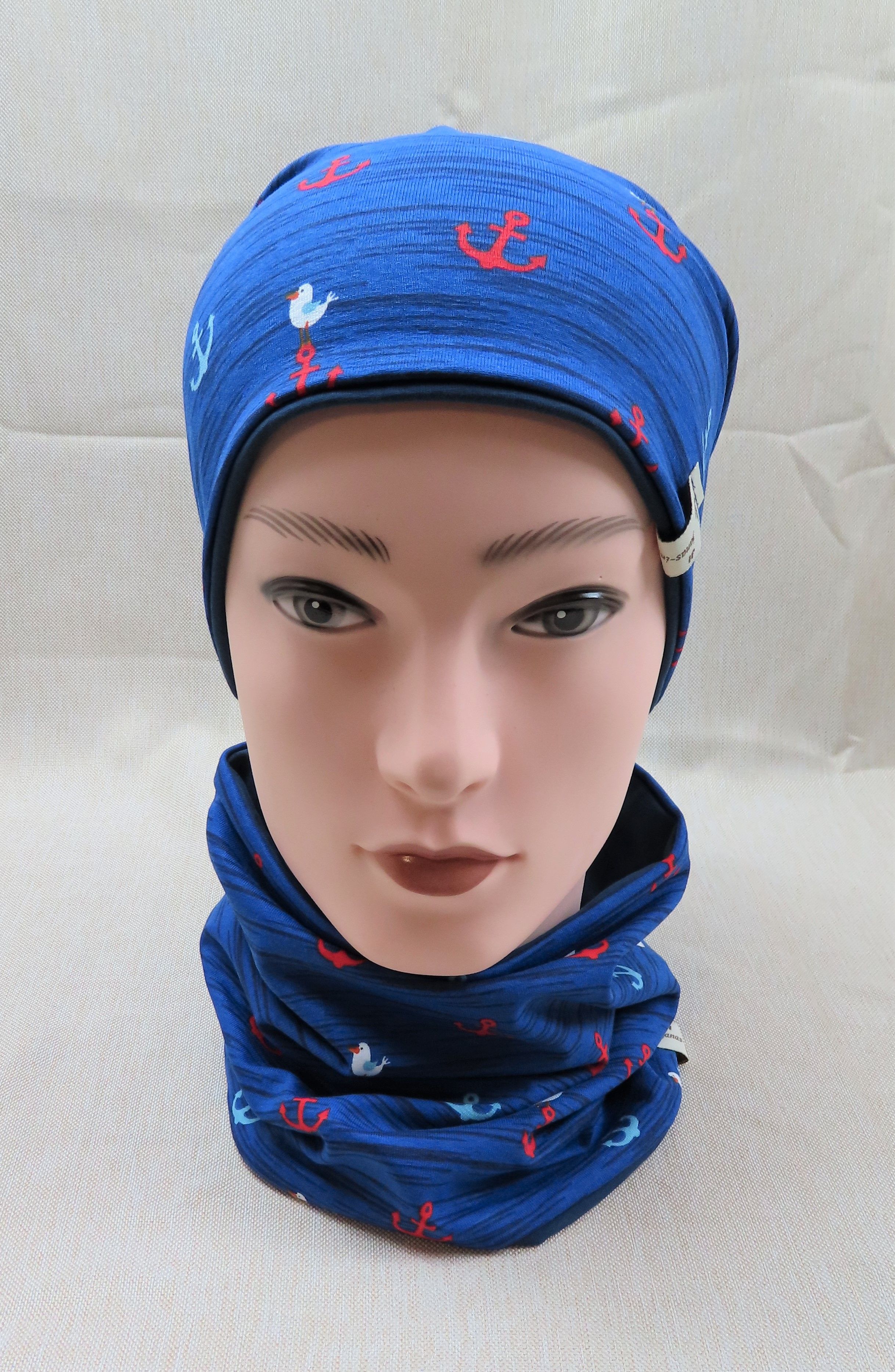 Beanie-Set, Chemomütze, Anker blau mit Möwe