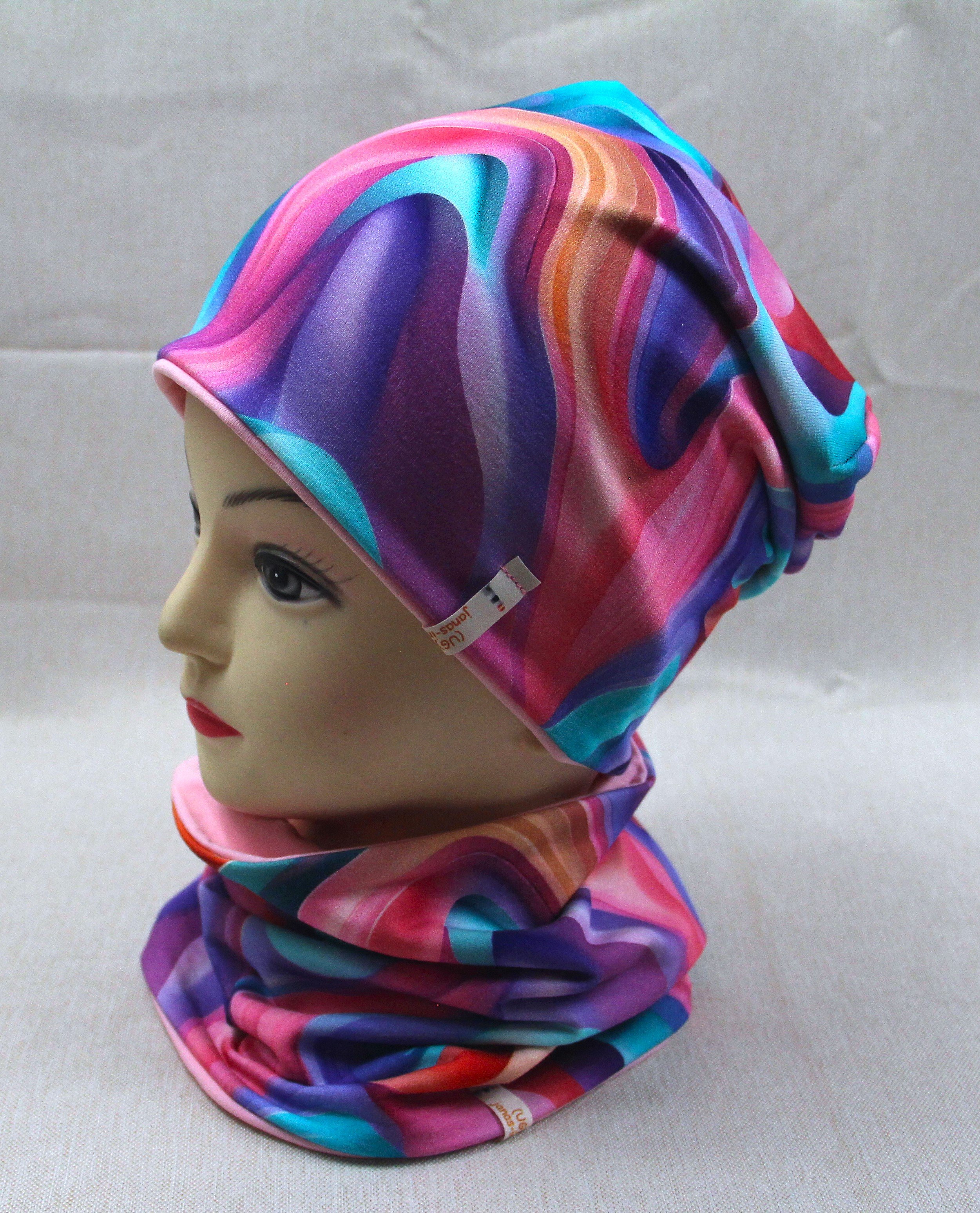 Beanie-Set, Regenbogen-Wellen