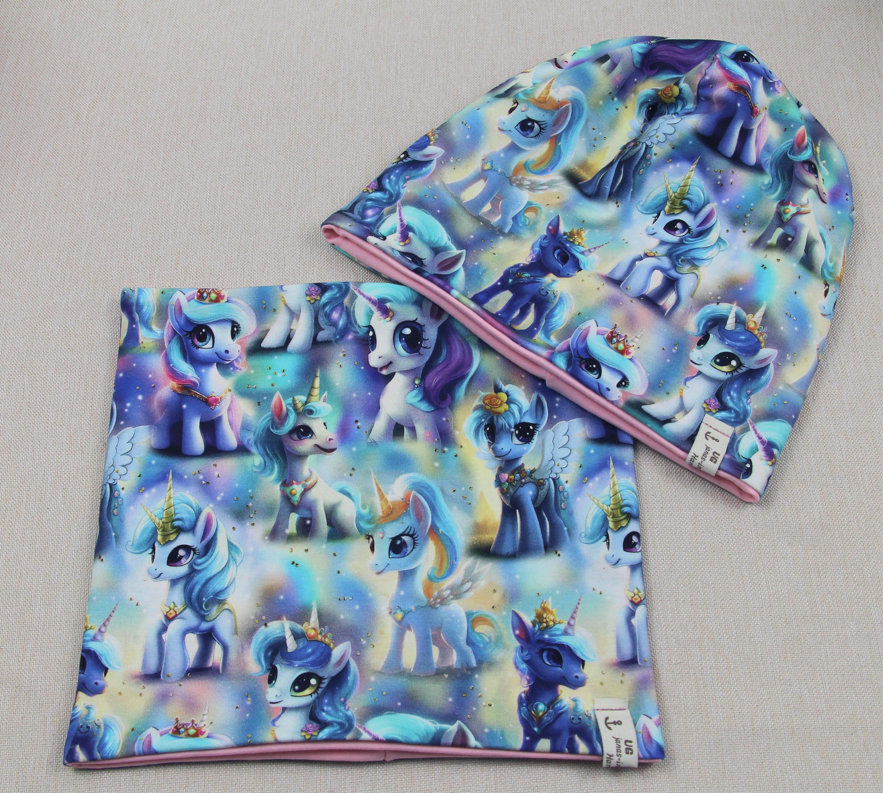 Beanie-Set, Einhorn hellblau-rosa