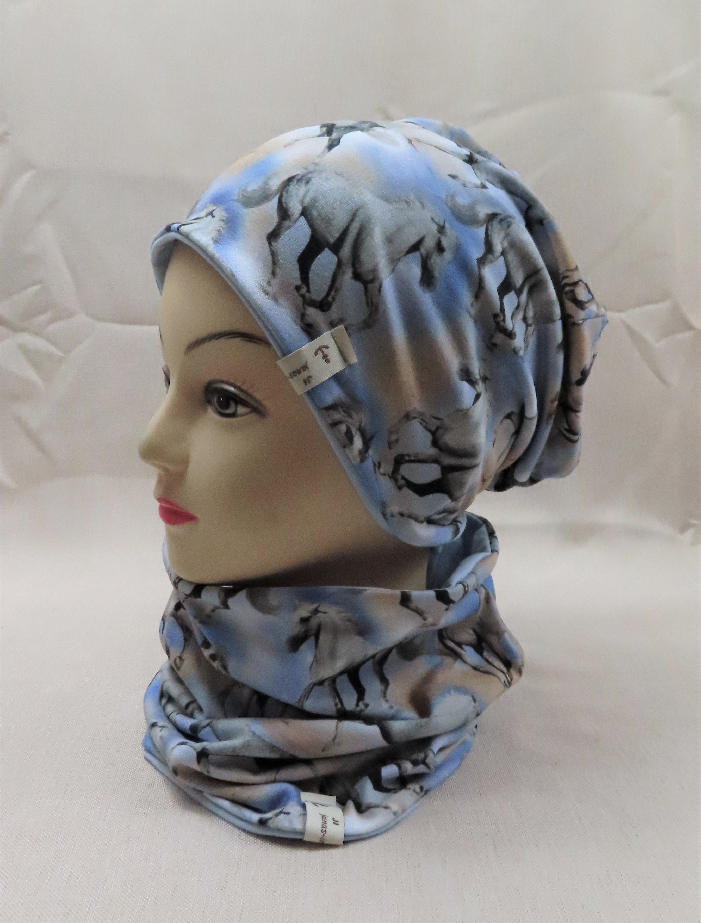 Beanie-Set, Pferde, blau