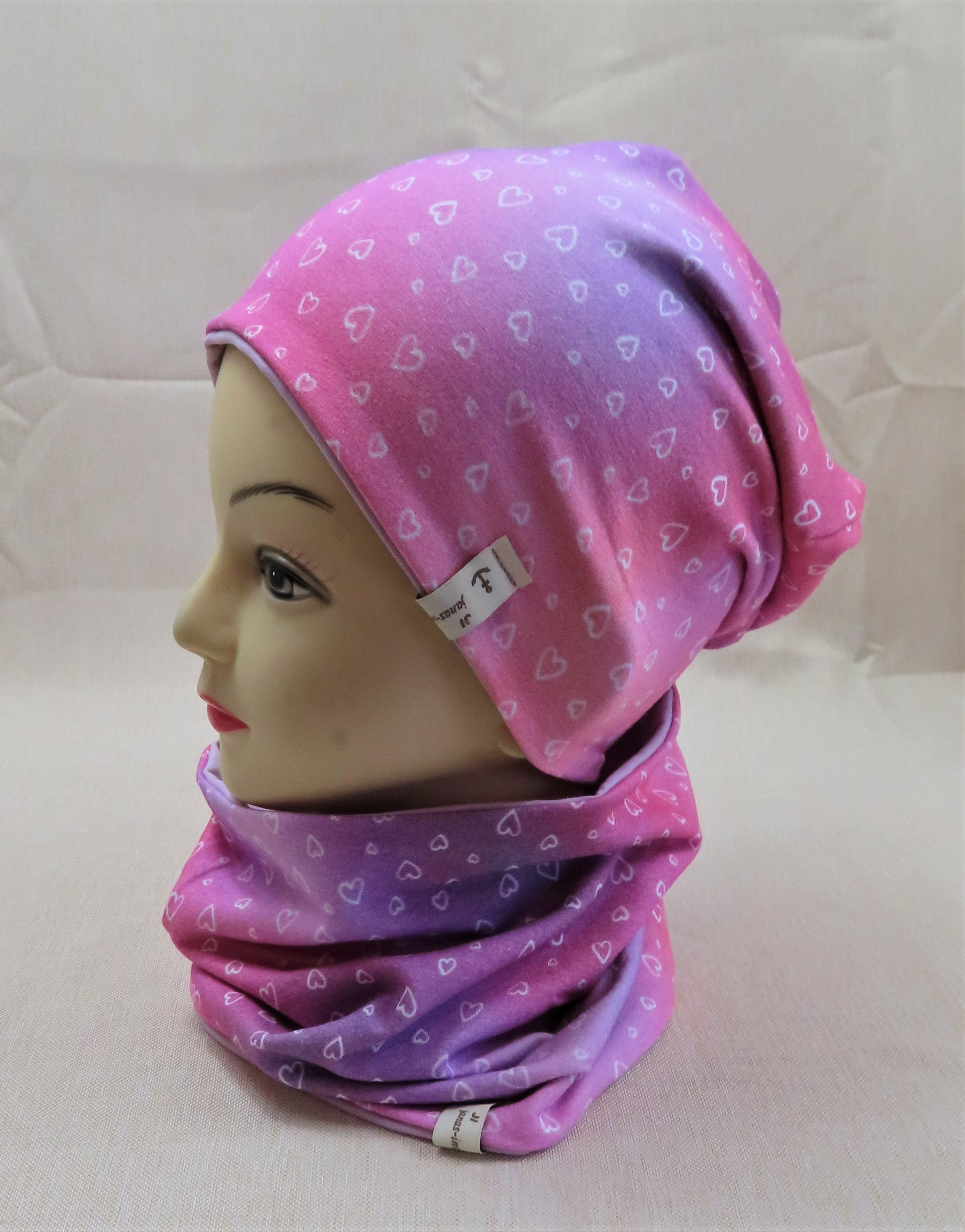 Beanie-Set, Herzen, rosa-lila