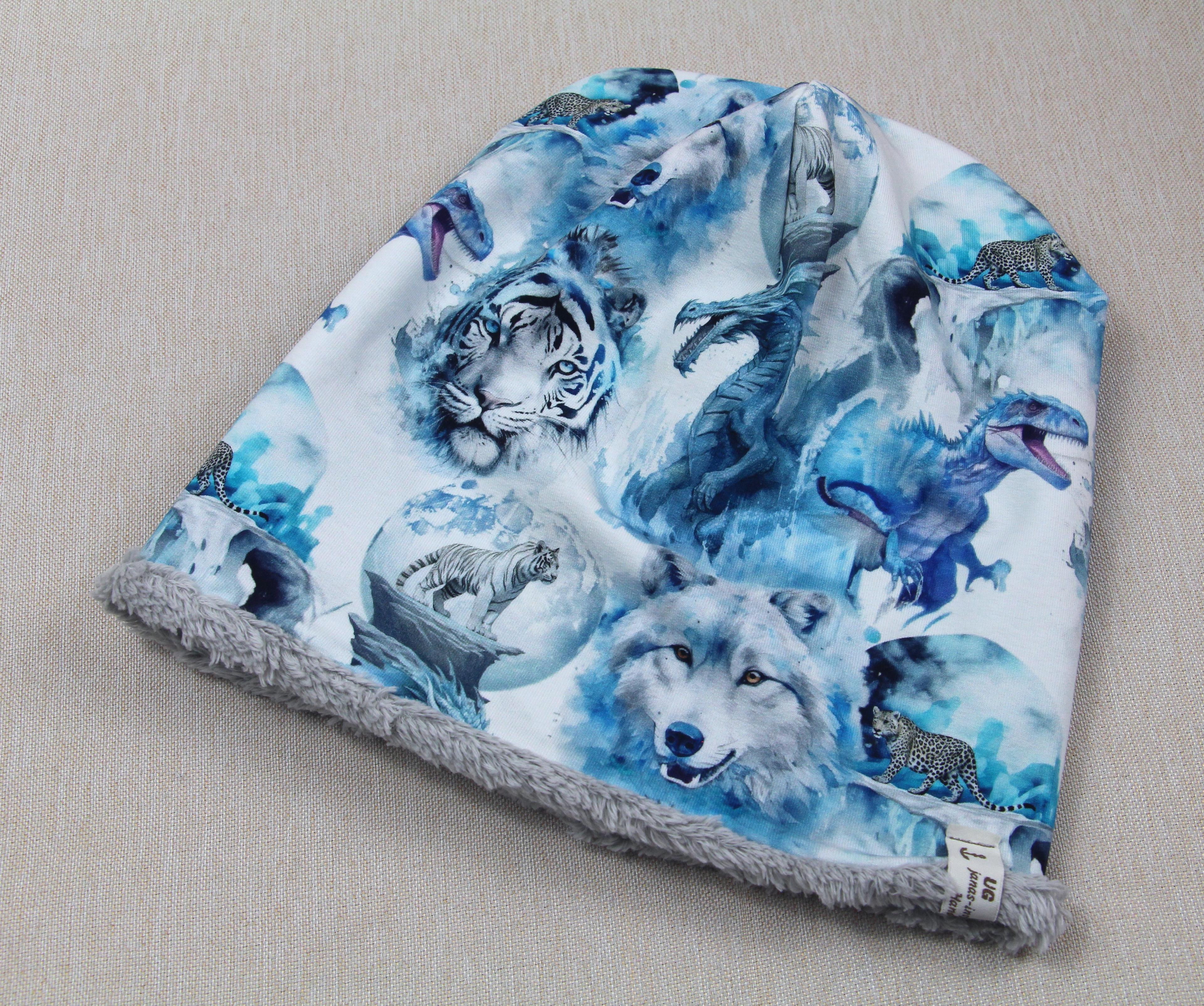 Winter-Beanie, Drache mit Tiger mit Gepard mit Dino mit Wolf