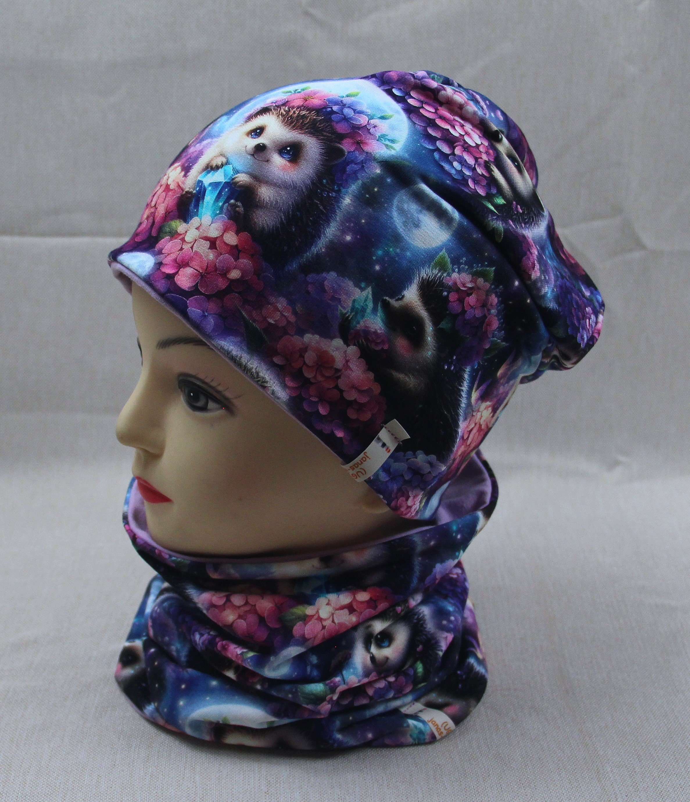Beanie-Set, Igel mit Blumen