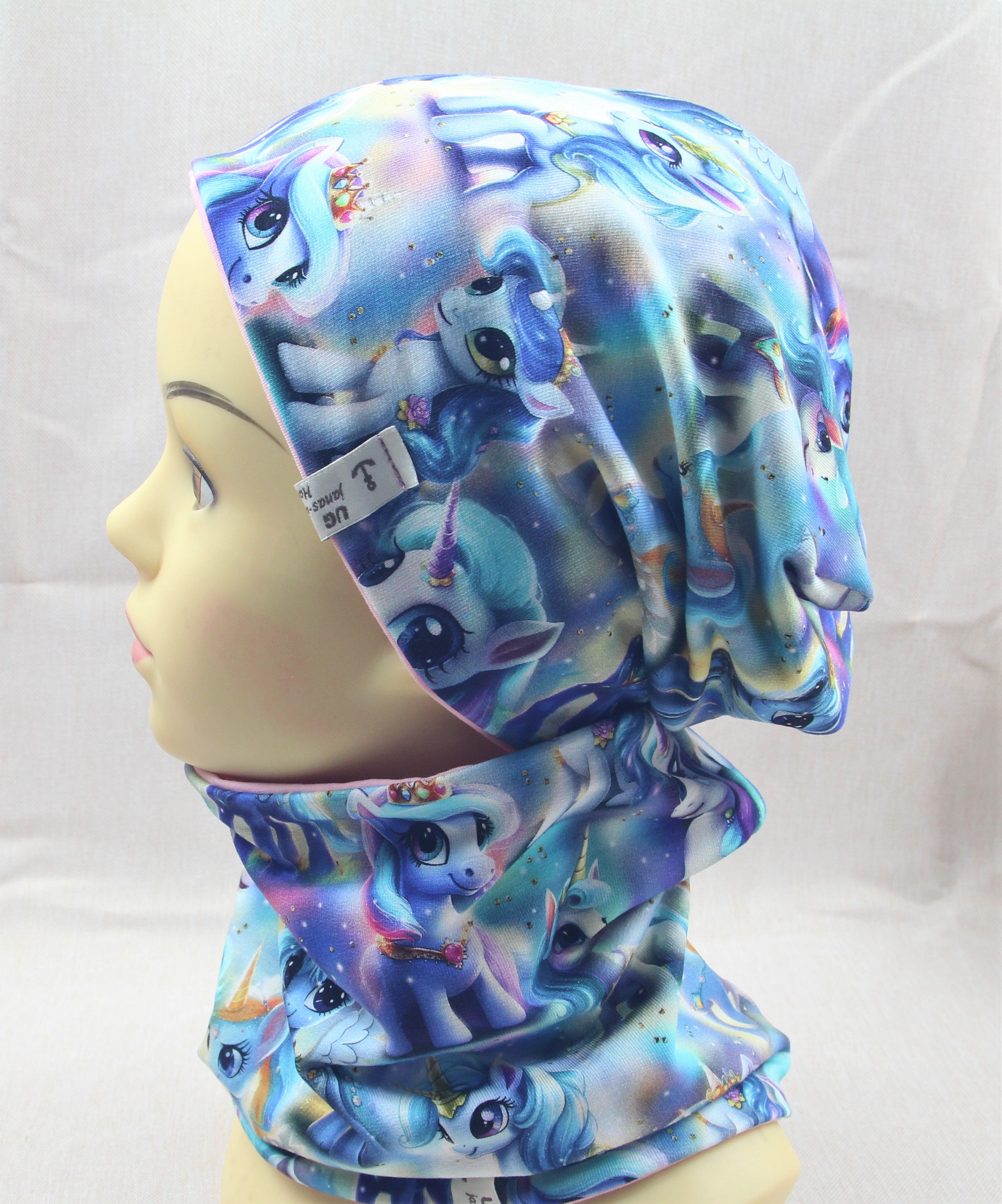 Beanie-Set, Einhorn hellblau-rosa