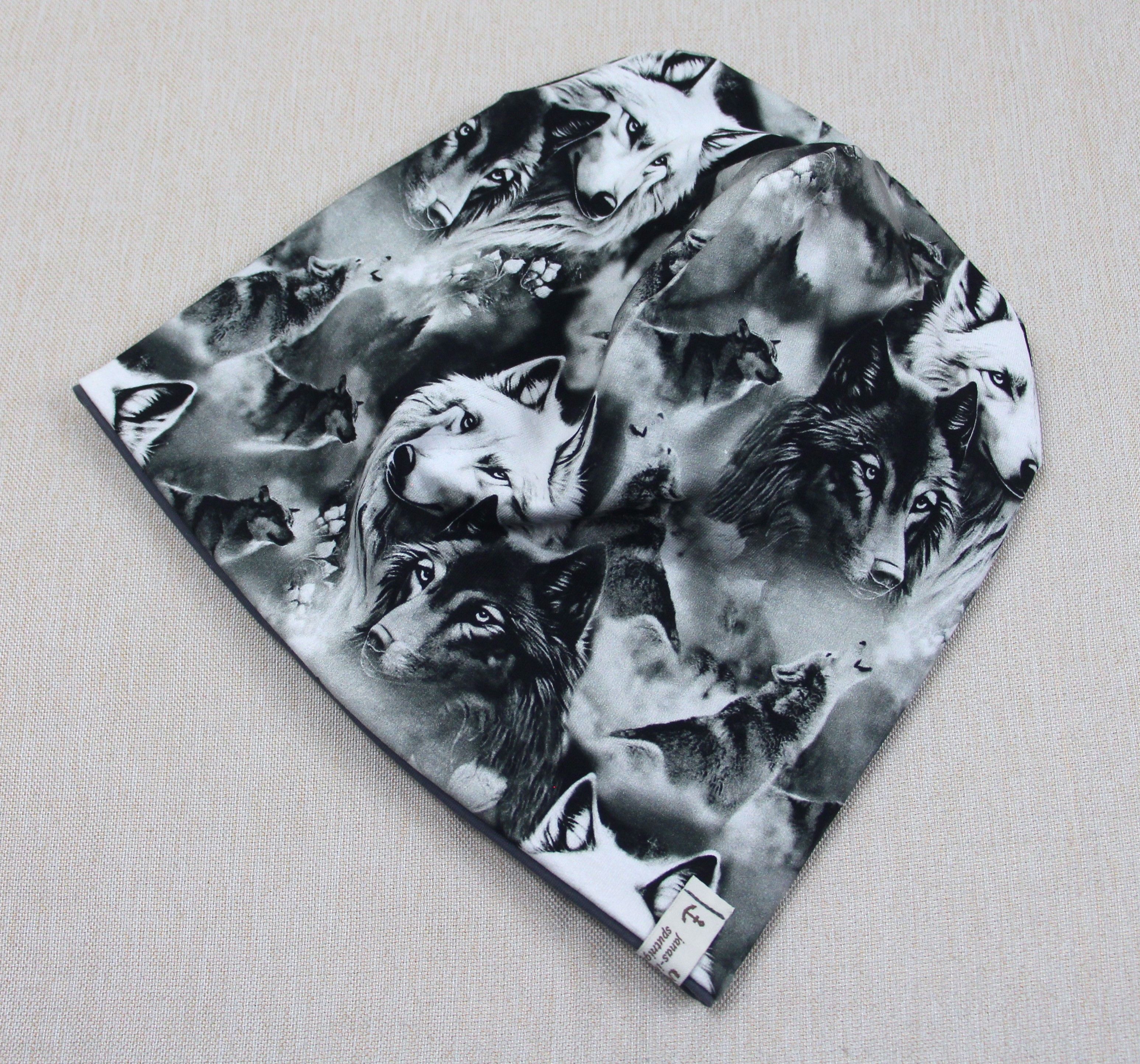 Beanie-Set, Chemomütze, Wölfe, schwarz-weiß