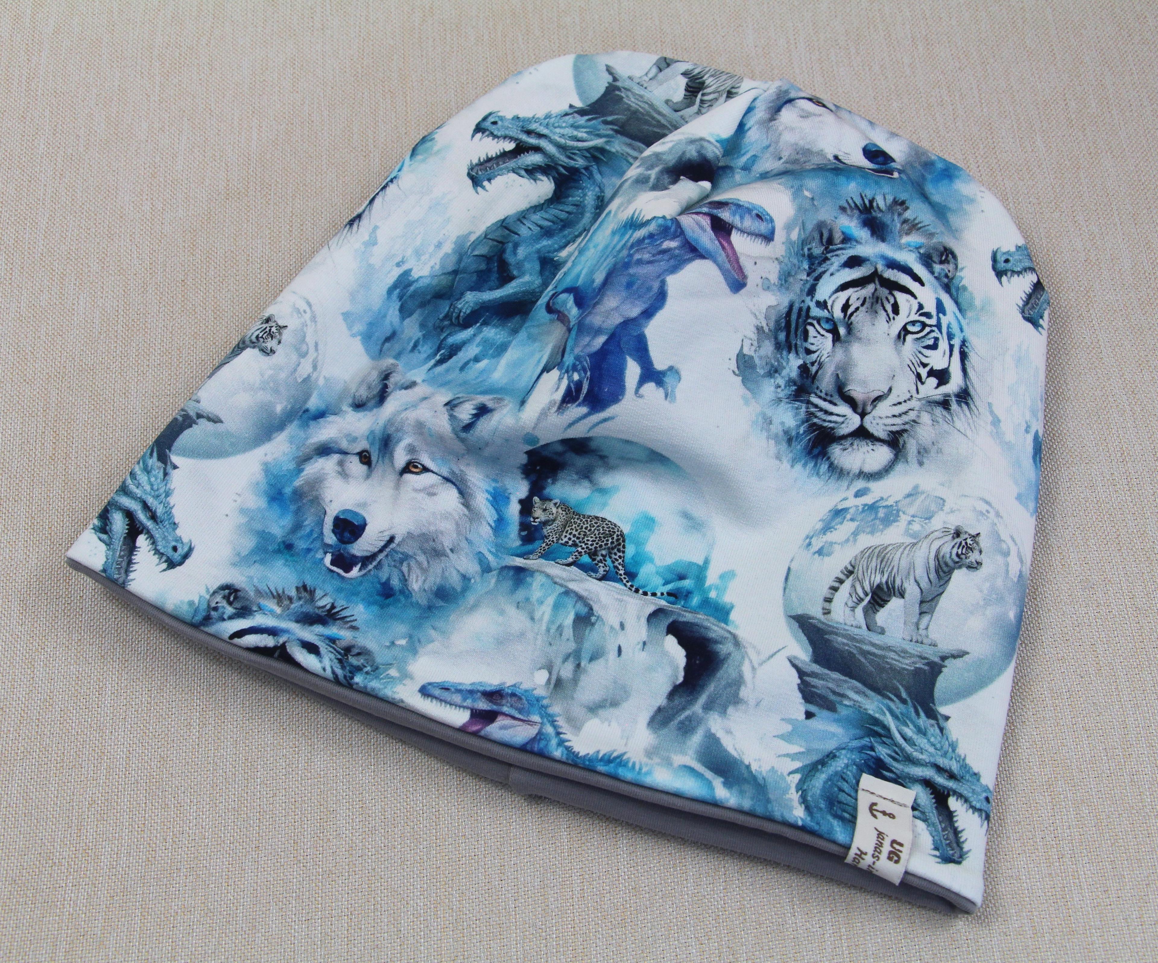 Beanie, Mütze, Chemomütze, Drache mit Tiger mit Gepard mit Dino mit Wolf