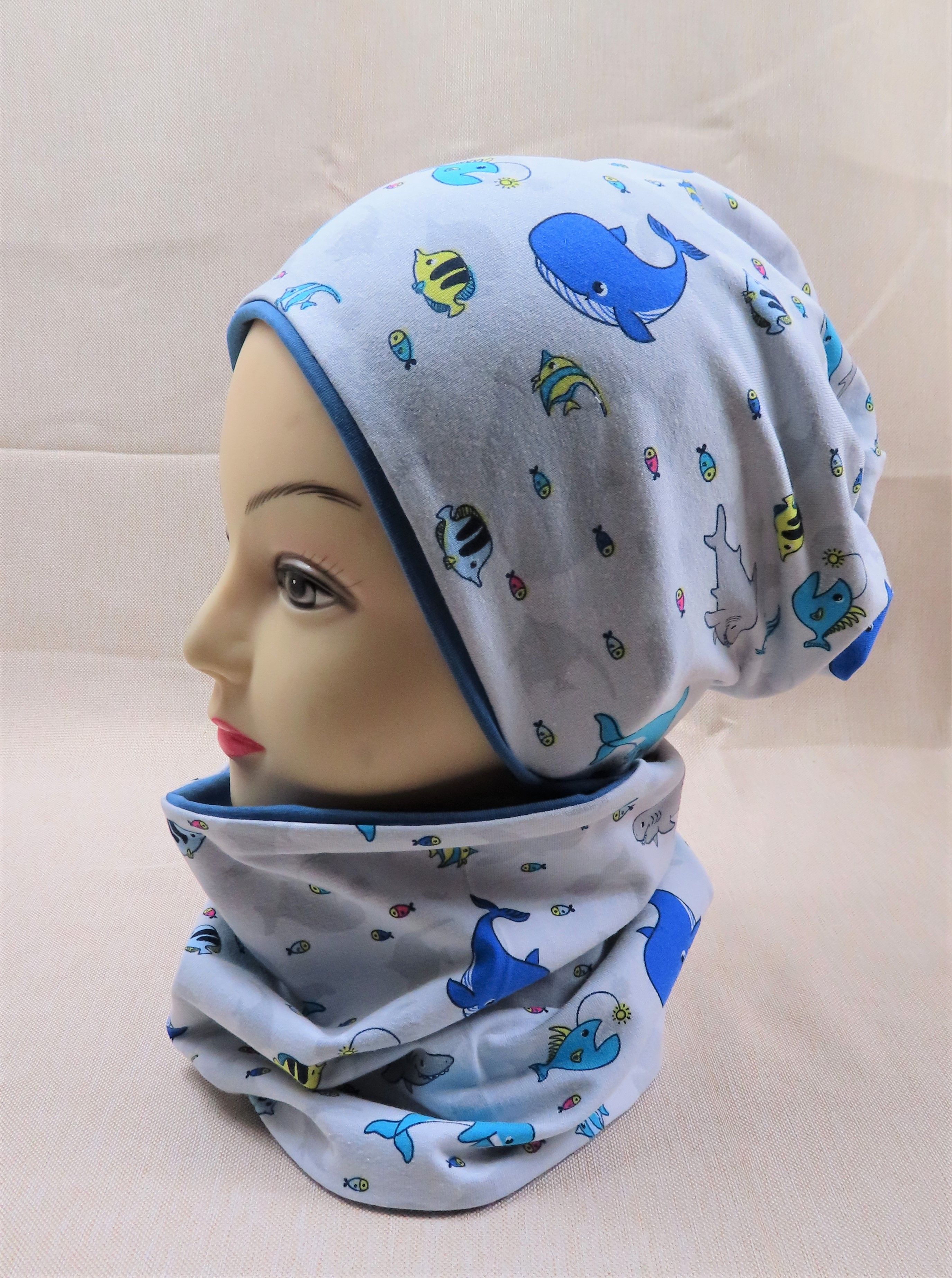 Beanie-Set, Fische, blau
