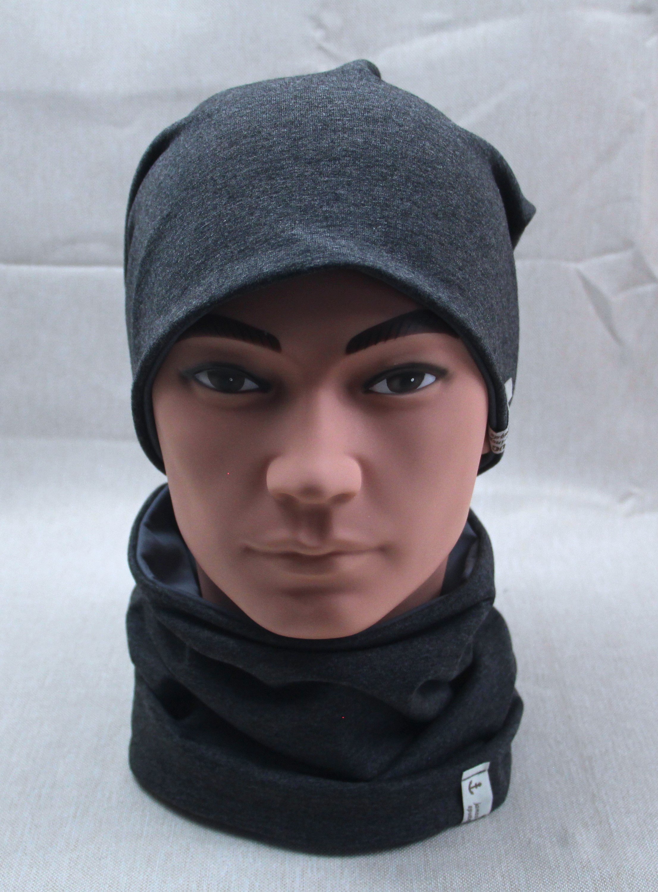 Beanie-Set, Chemomütze, dunkelgrau-meliert