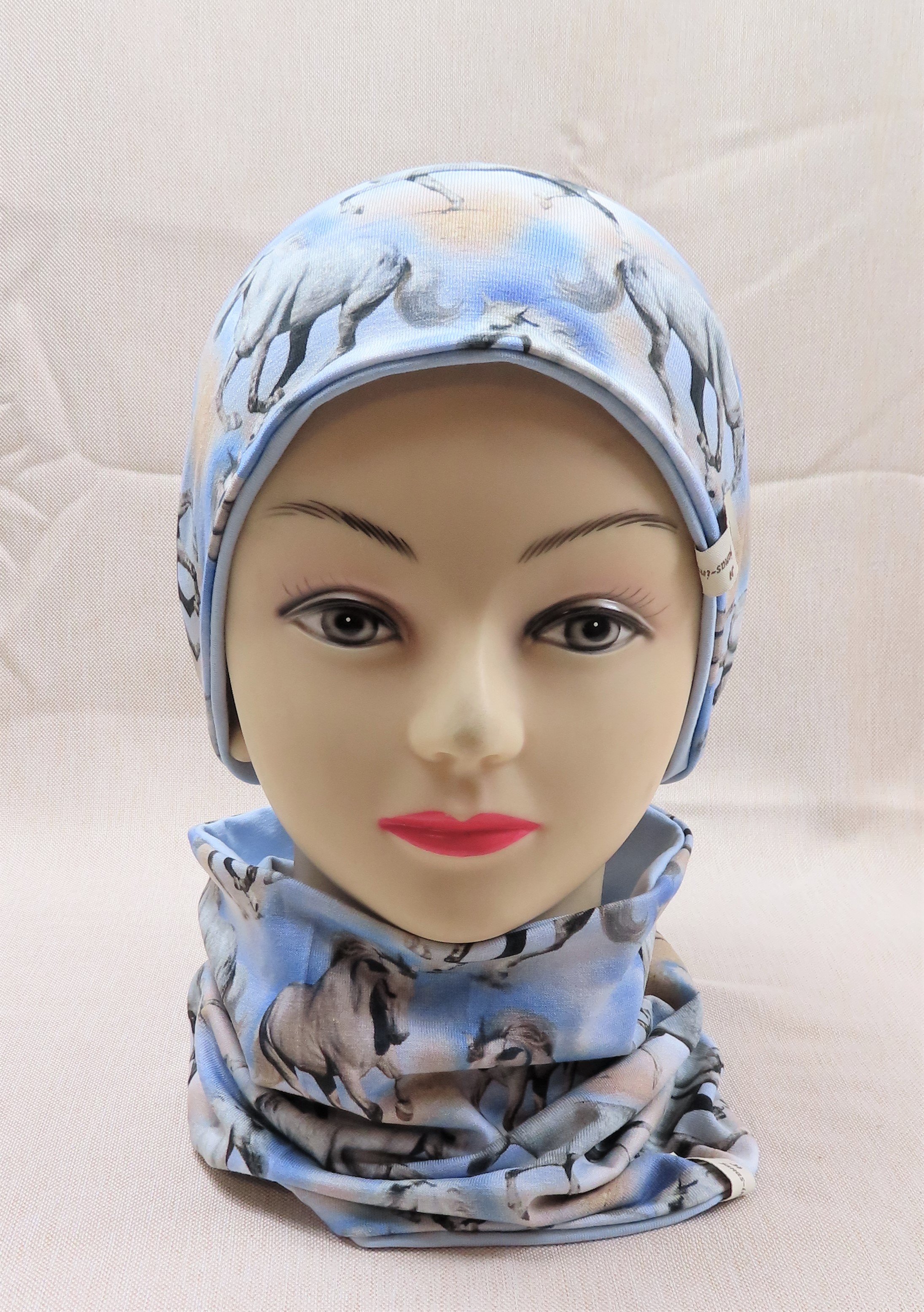 Beanie-Set, Pferde, blau
