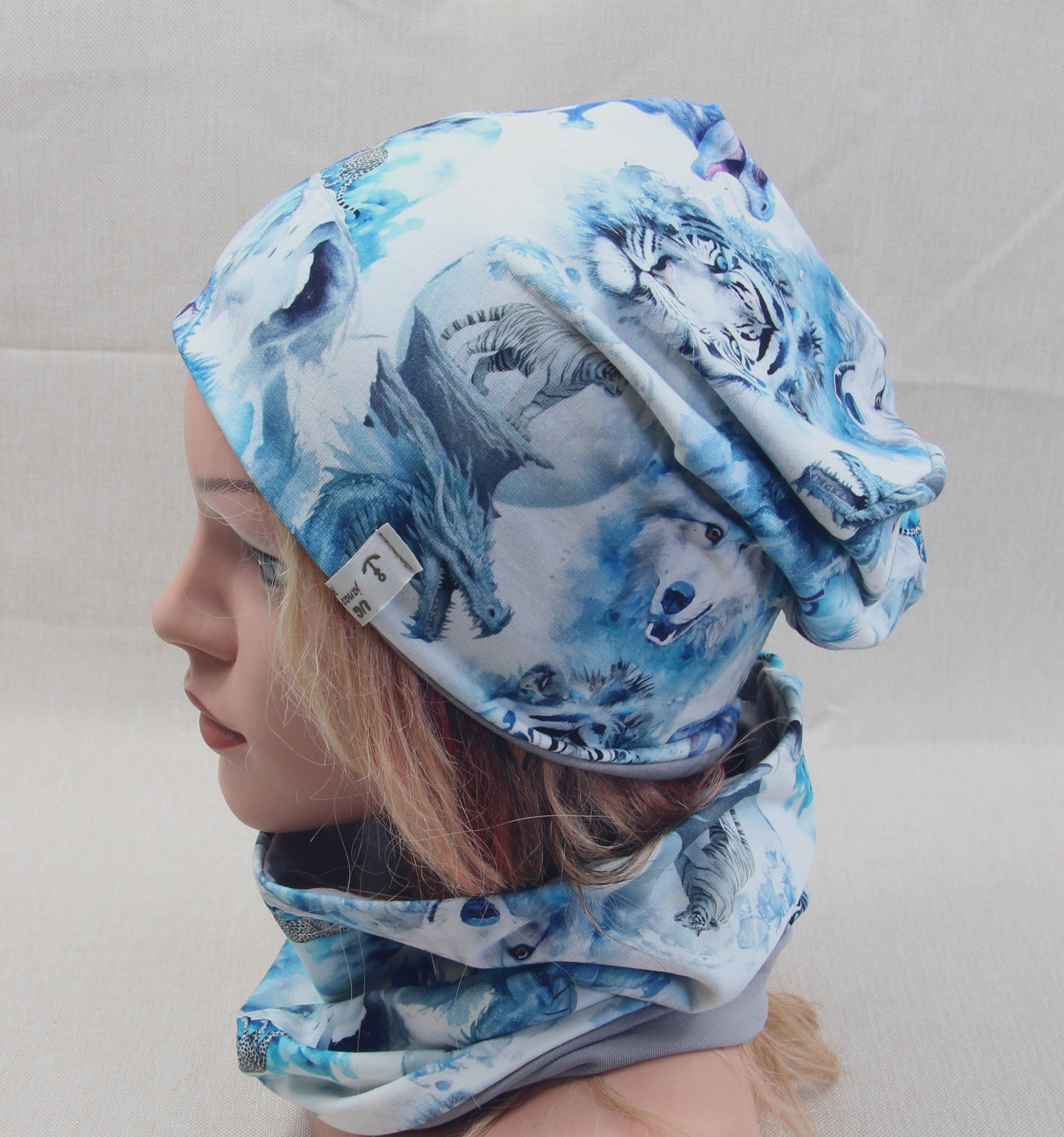 Beanie-Set, Chemomütze, Drache mit Tiger mit Gepard mit Dino mit Wolf
