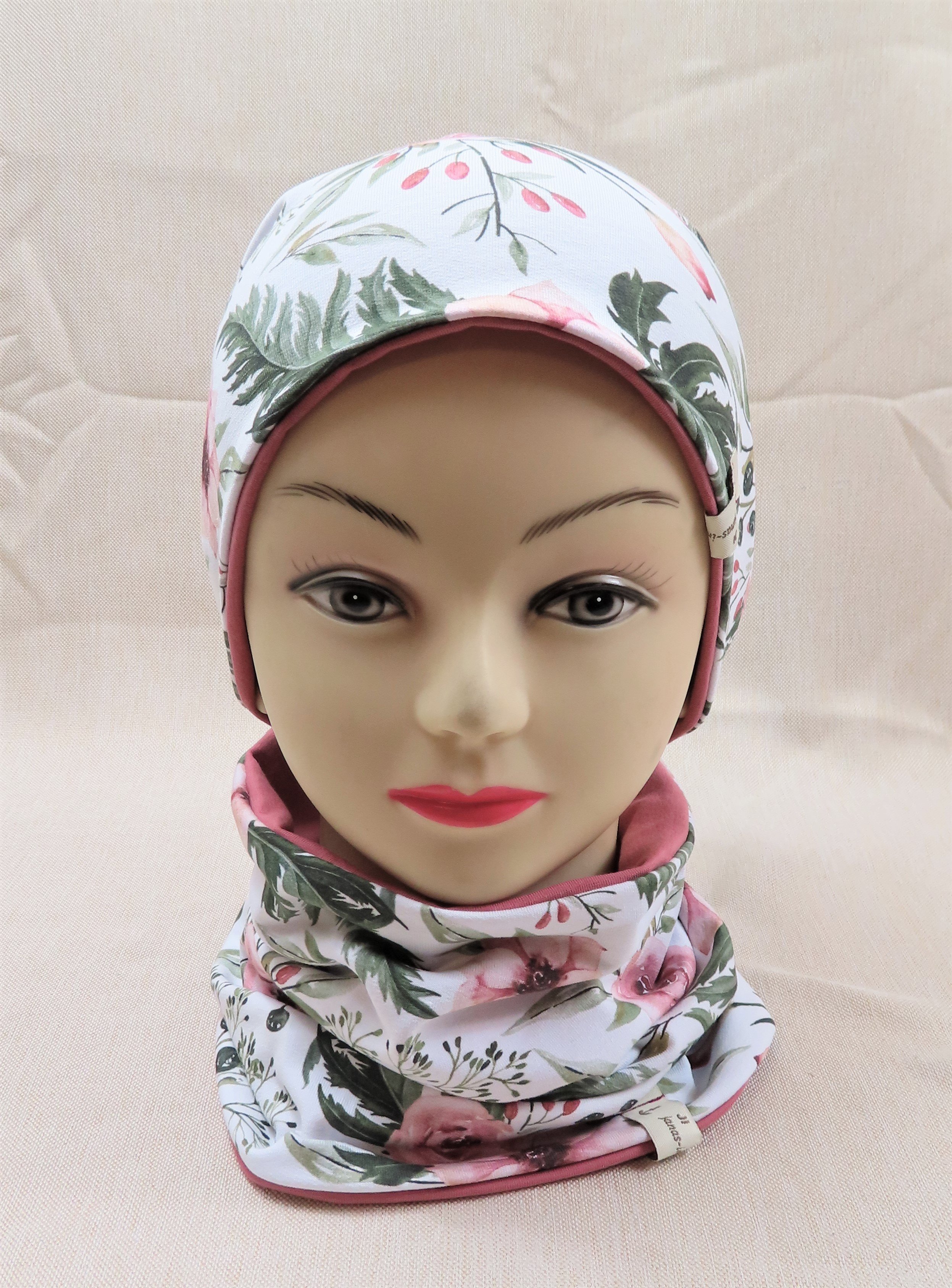 Beanie-Set, Blumen rosa