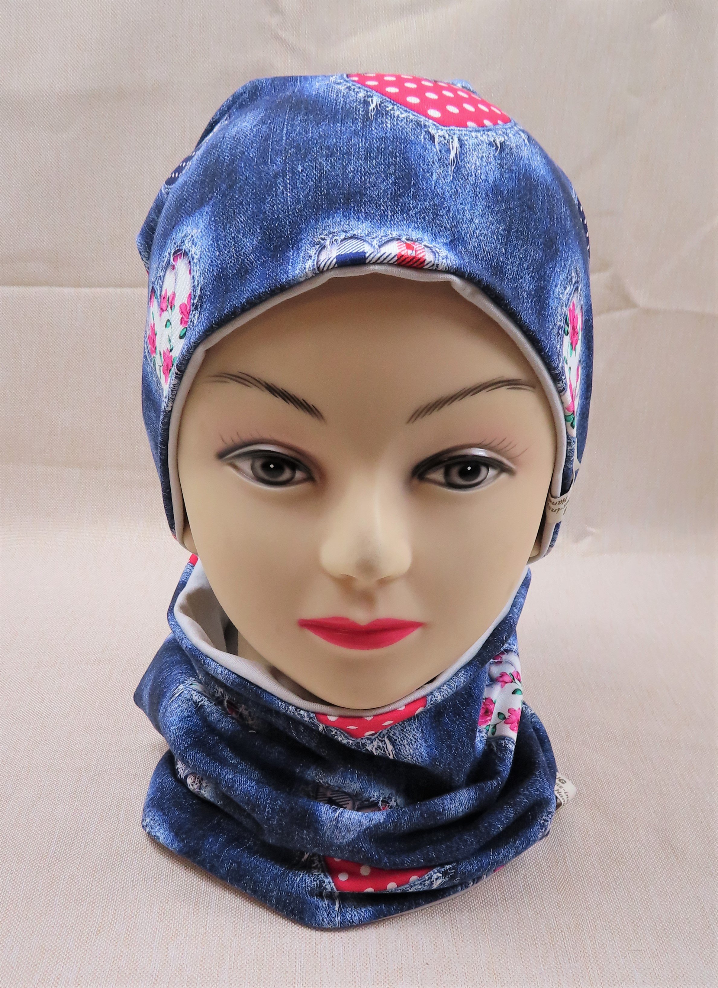 Beanie-Set, Herzen, Jeans-Look, Vintage