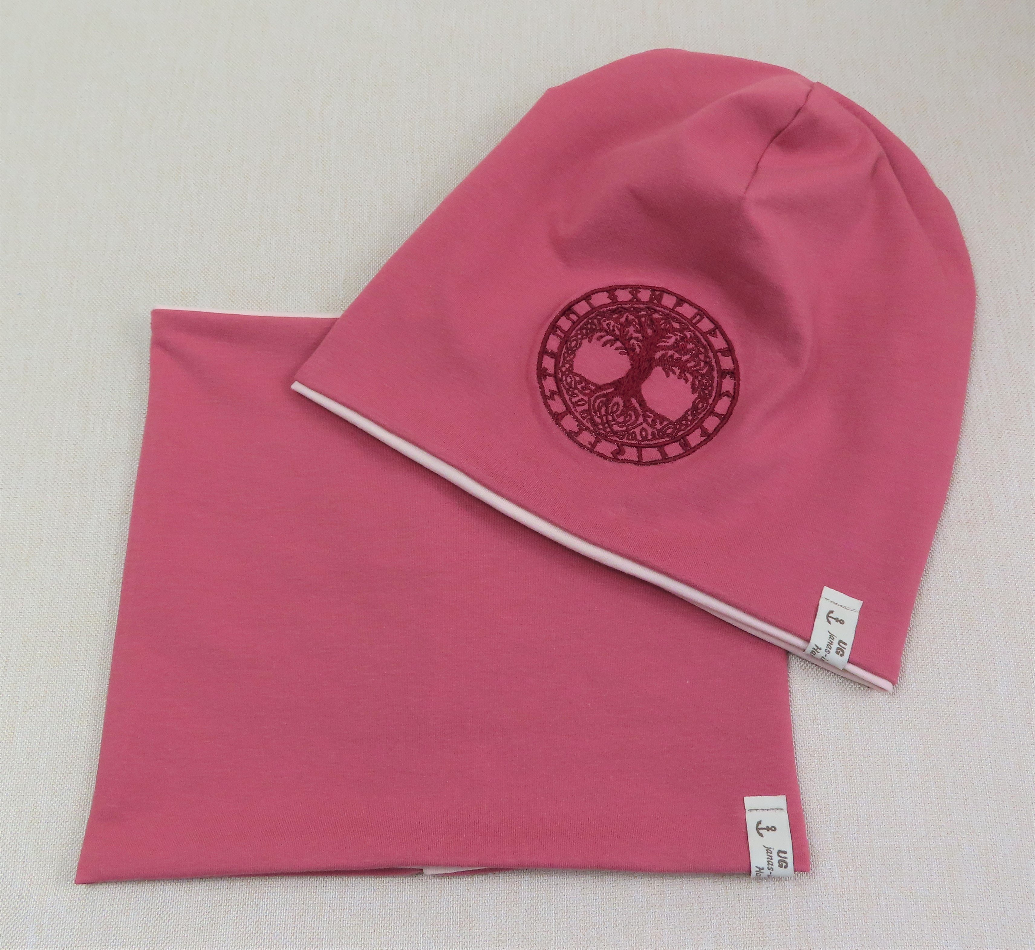 Beanie-Set, Chemomütze, Yggdrasil, rot, mit eigener Stickerei, der Weltenbaum