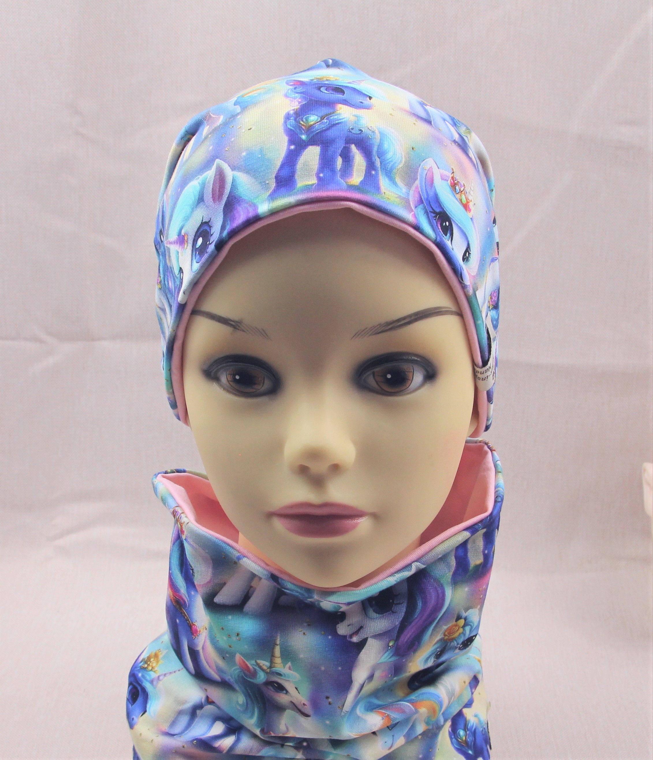 Beanie-Set, Einhorn hellblau-rosa