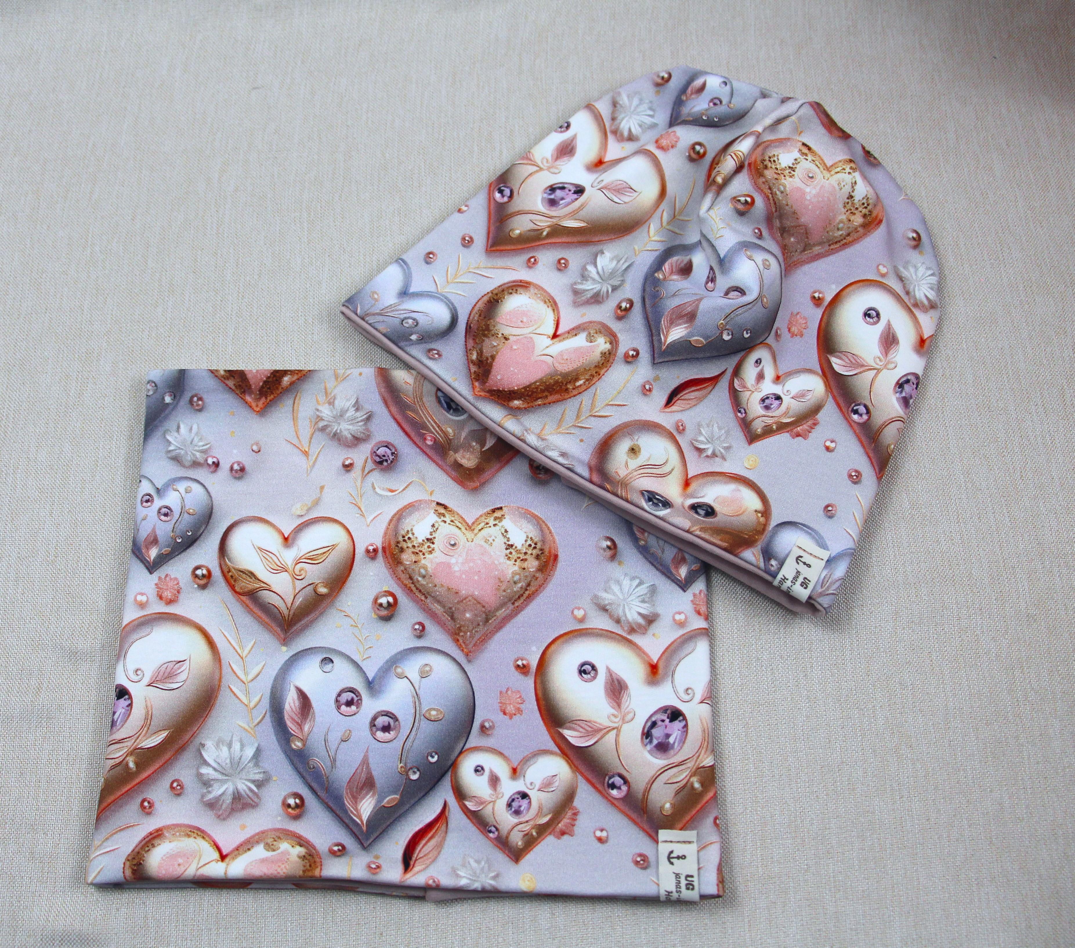 Beanie-Set, Herzen mit Perlen