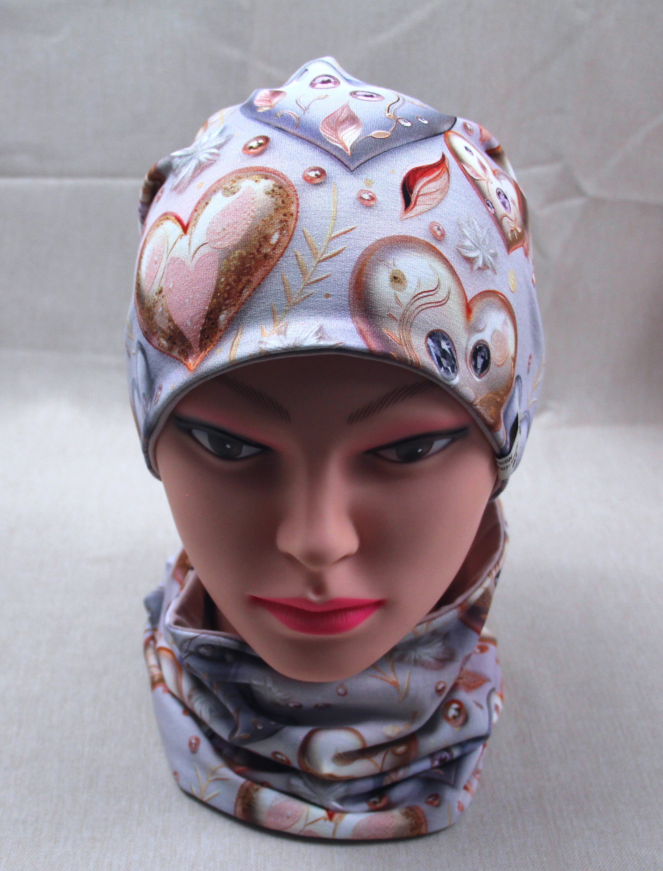 Beanie-Set, Herzen mit Perlen