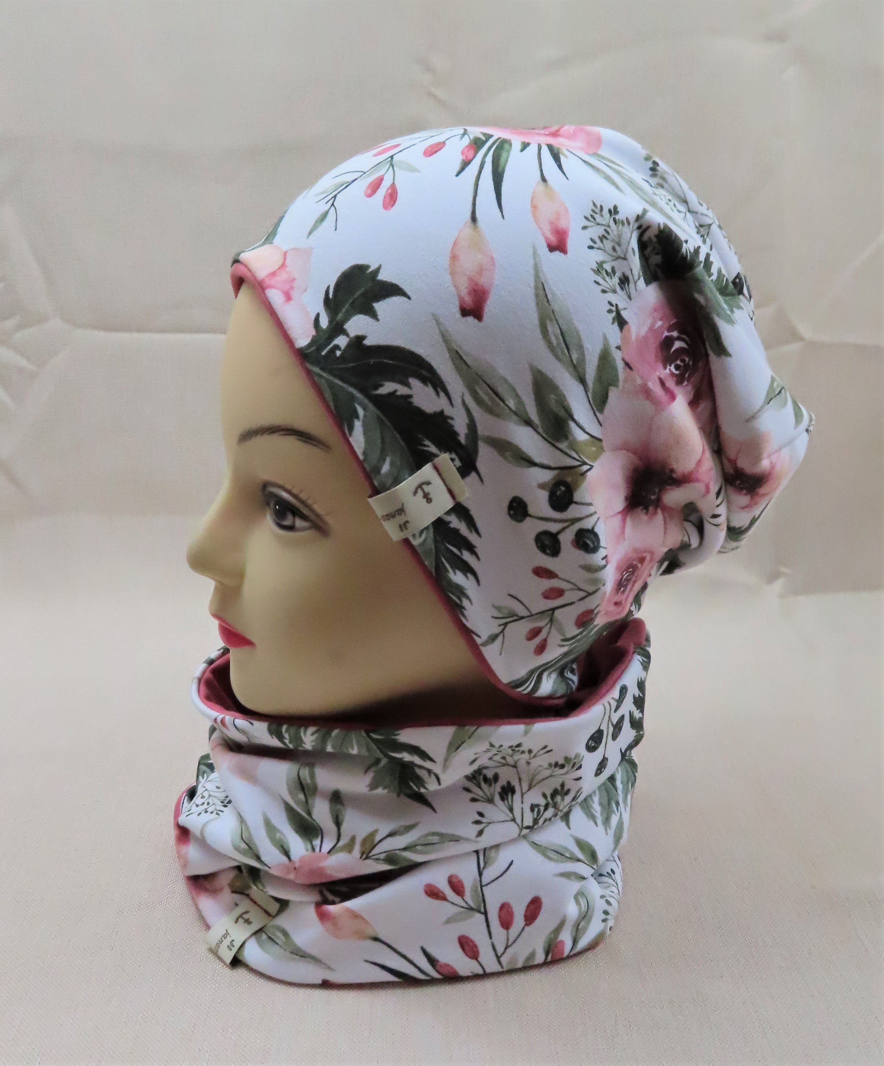 Beanie-Set, Blumen rosa