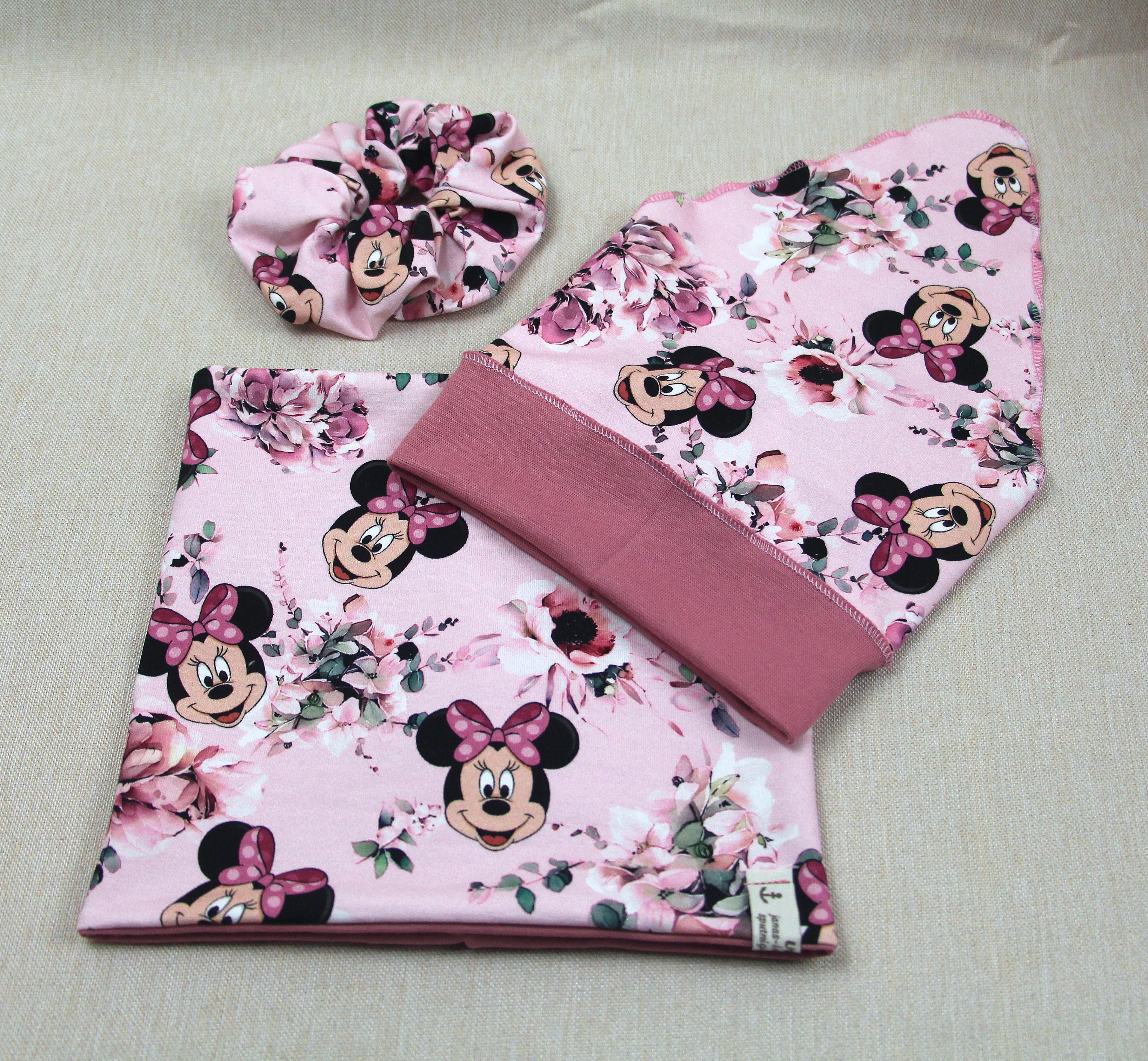 Kopftuch, Maus mit rosa Schleife, wahlweise mit Loopschal und Scrunchie