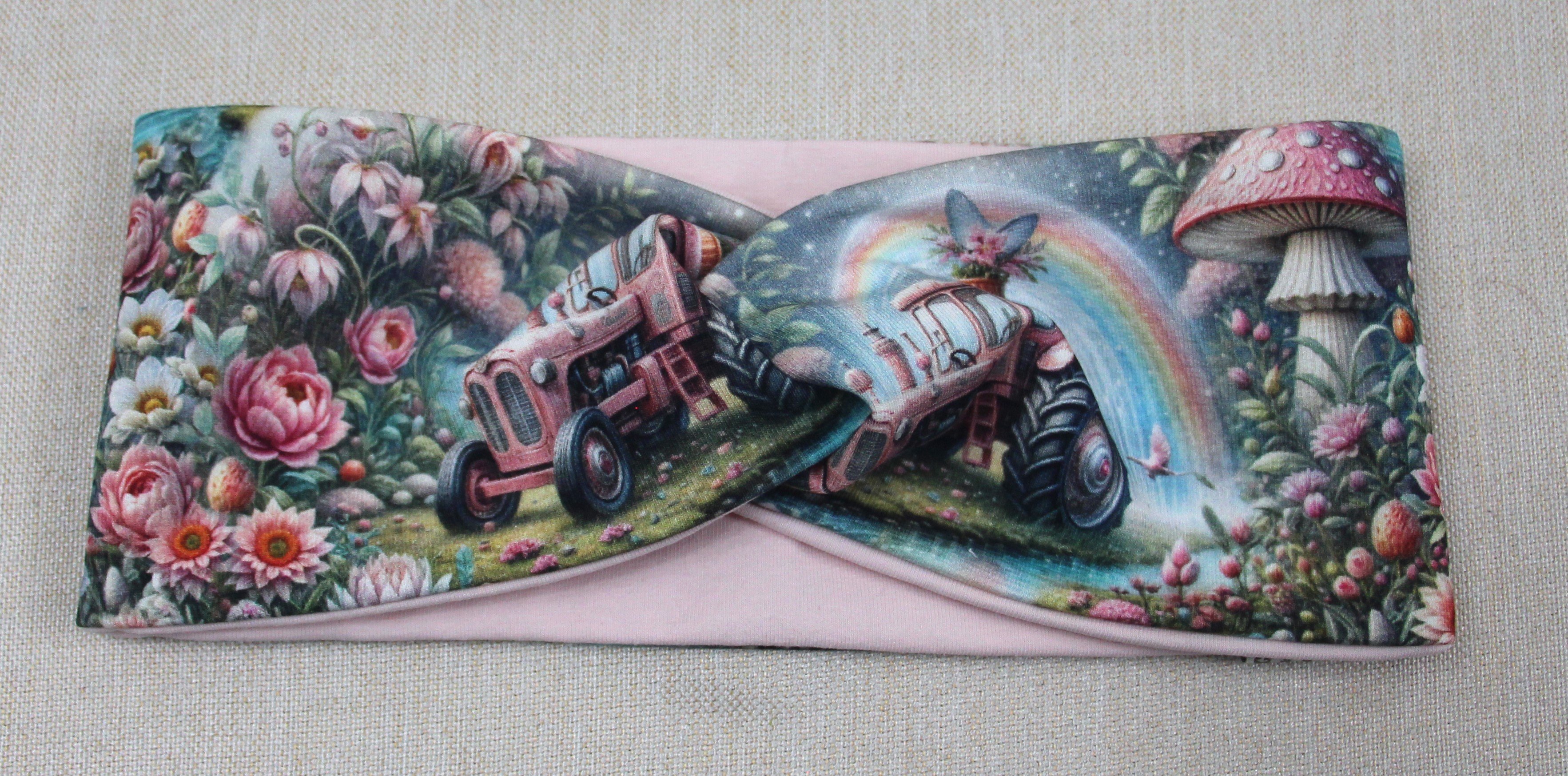 Stirnband-Set, rosa Traktor im Regenbogen