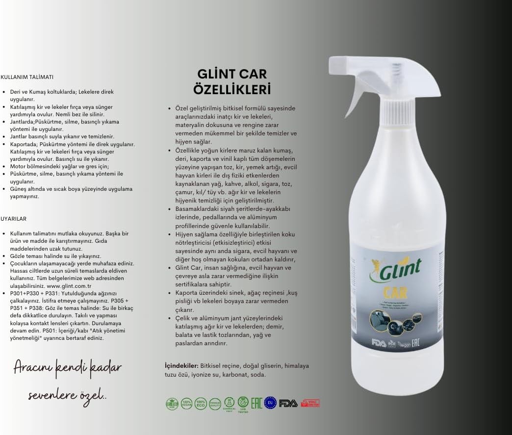 Glint %100 Bitkisel Çok Amaçlı Oto Temizleyici Araç Far Koltuk Paspas Temizleme Jant Parlatıcı 1L