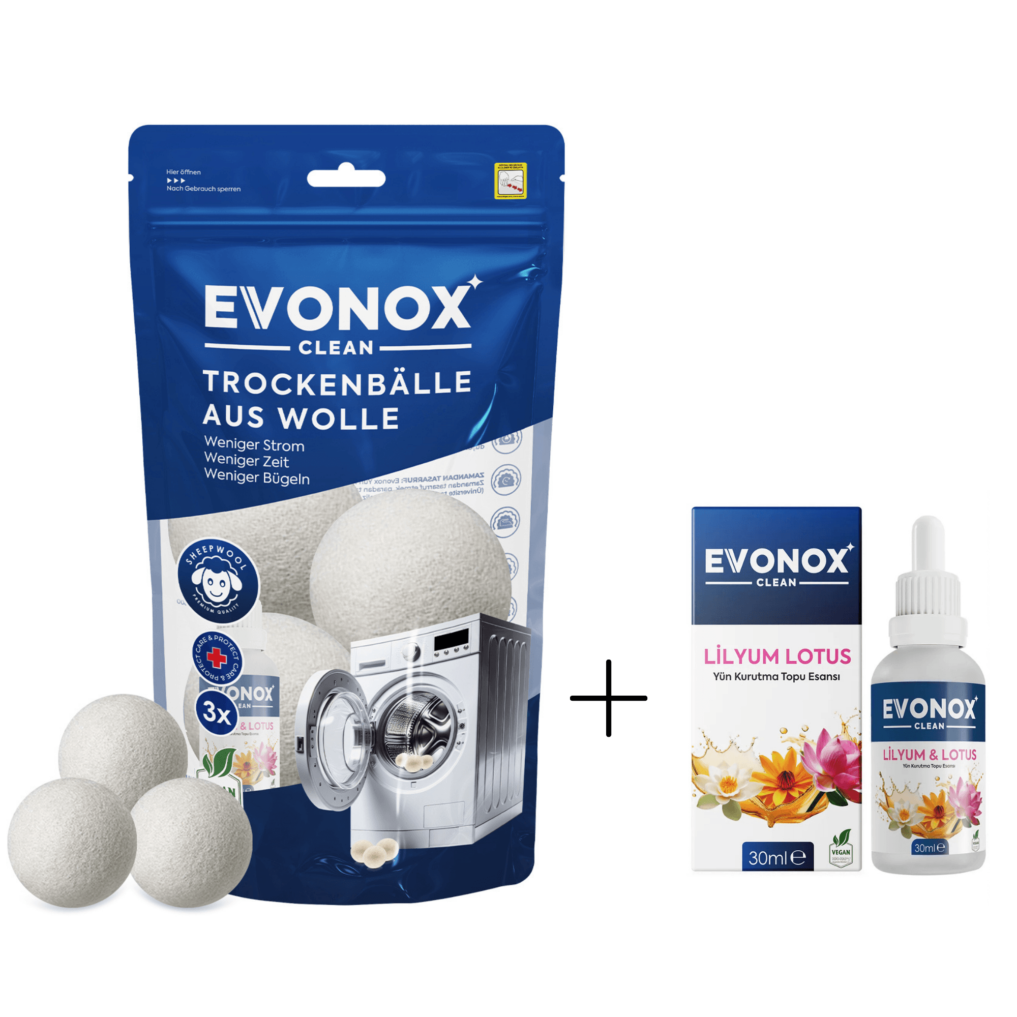 Evonox Clean 3 Adet Çamaşır Yün Keçe Kurutma Topu + 30ml Esans Koku Hediye - Doğal ve Çevre Dostu