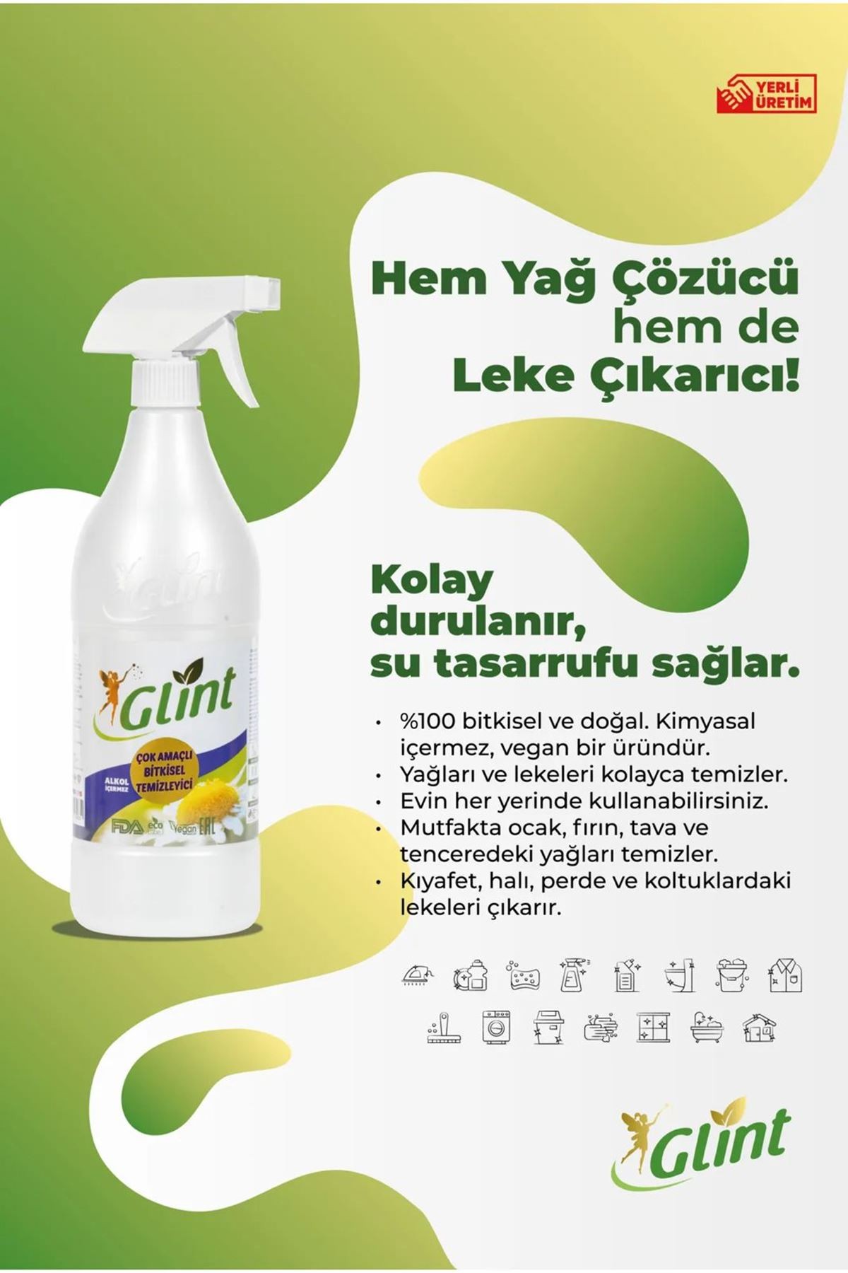 Glint %100 Bitkisel Çok Amaçlı Temizleyici Vegan Leke Çıkarıcı - Yağ Çözücü - 1L