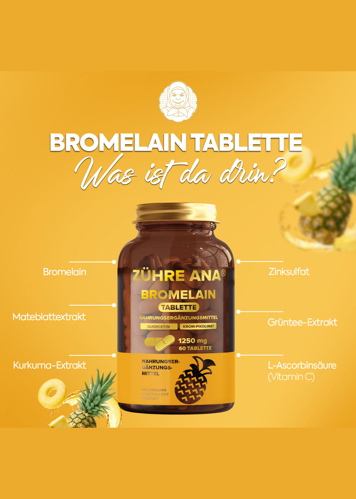 Zühre Ana Bromelain Kapseln 1250 mg 60 Kapseln mit Ananas-extrakt