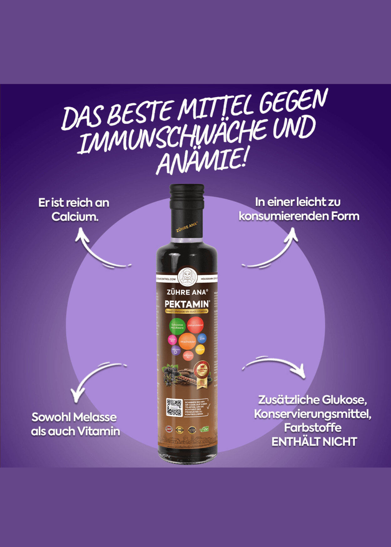 Zühre Ana Pektamin Sirup – Nahrungsergänzungsmittel mit Melasse und Vitaminen (Pektamin Pekmez) 250ml