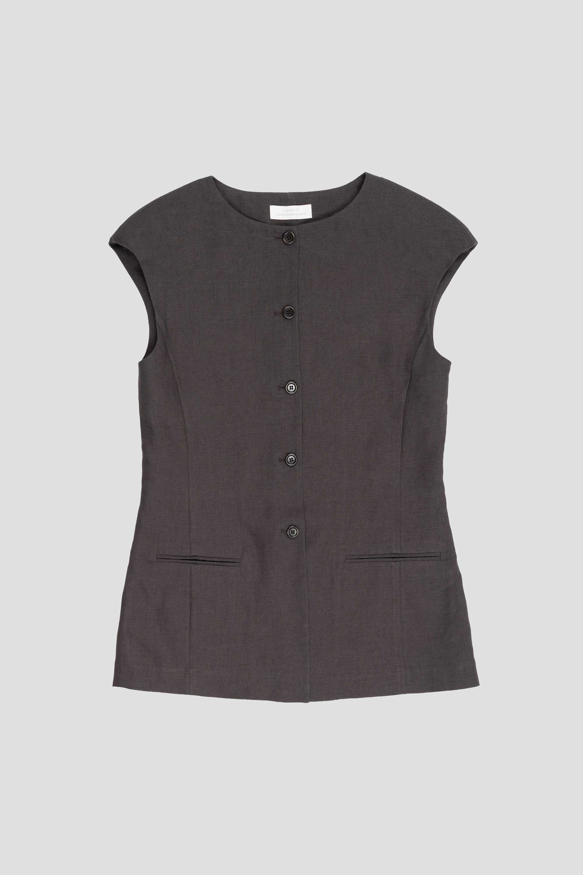 Linen Curved Vest Khaki Grey