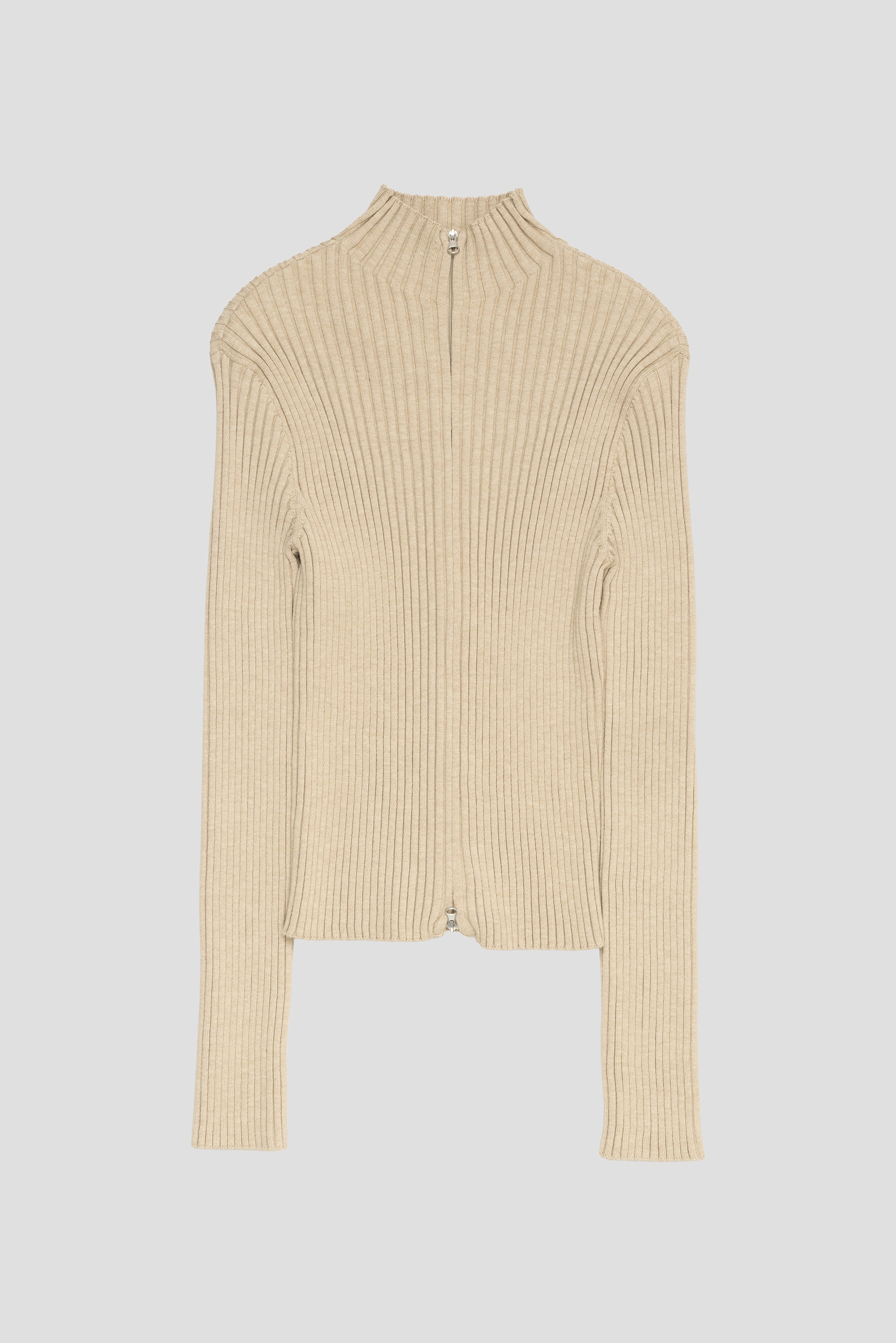 Ribbed High Neck Zip Up Beige